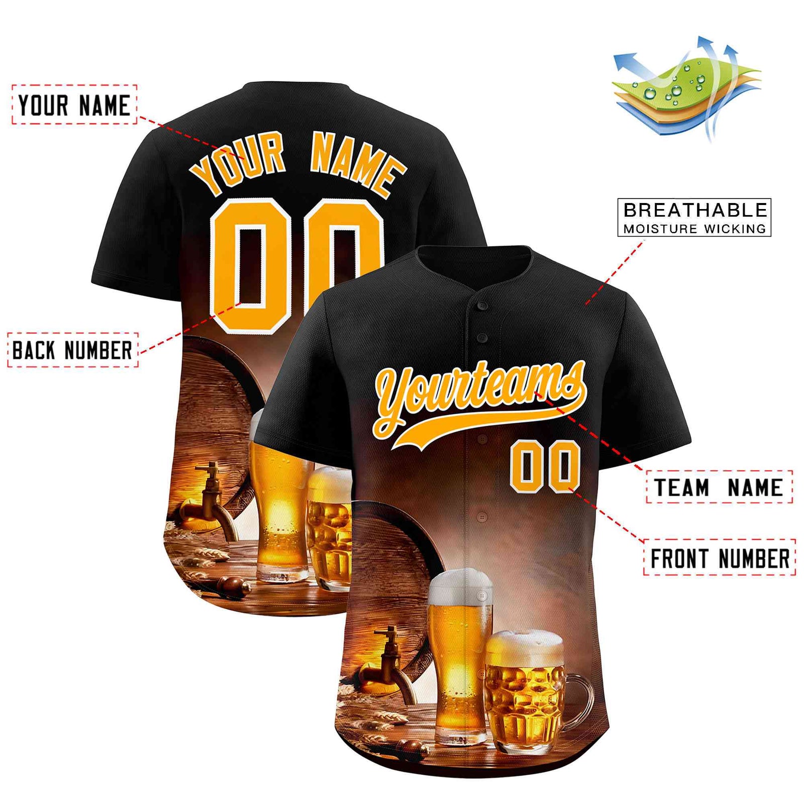 Custom Black National Beer Day Personalized Beer Pattern Baseball Jersey | Suitable For Groups Or Parties | KXKSHOP