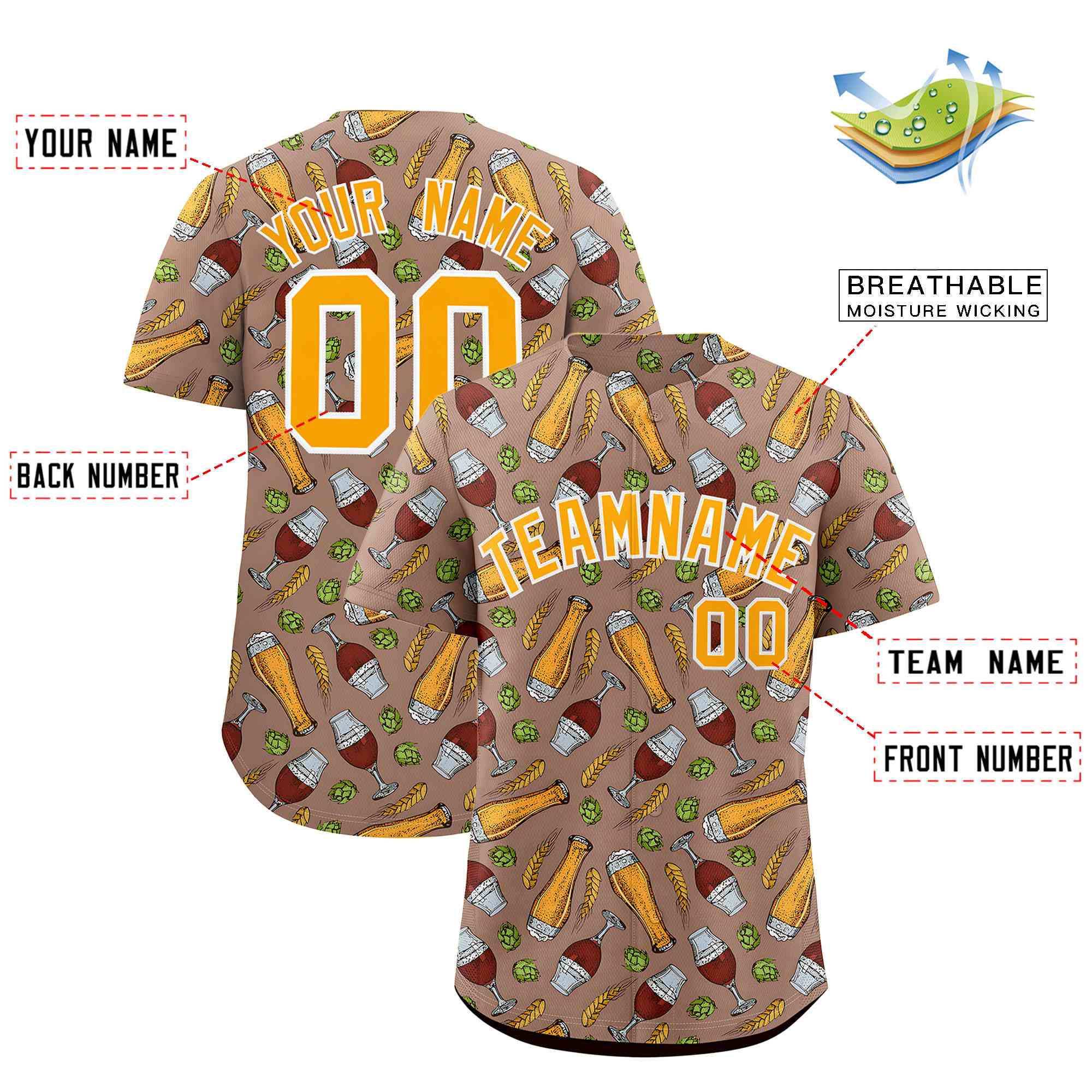 Custom Old Gold National Beer Day Personalized Beer Pattern Baseball Jersey | Suitable For Groups Or Parties | KXKSHOP