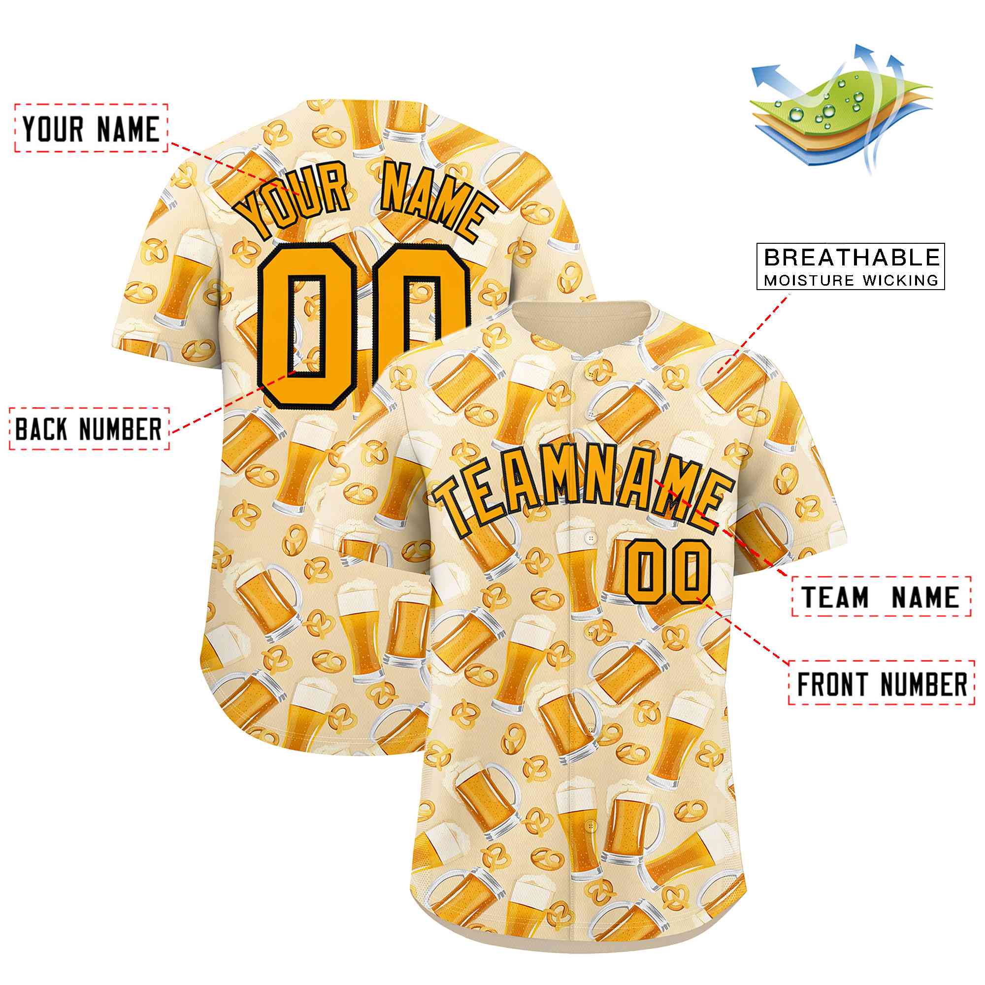 Custom Cream Orange National Beer Day Personalized Beer Pattern Baseball Jersey | Suitable For Groups Or Parties | KXKSHOP