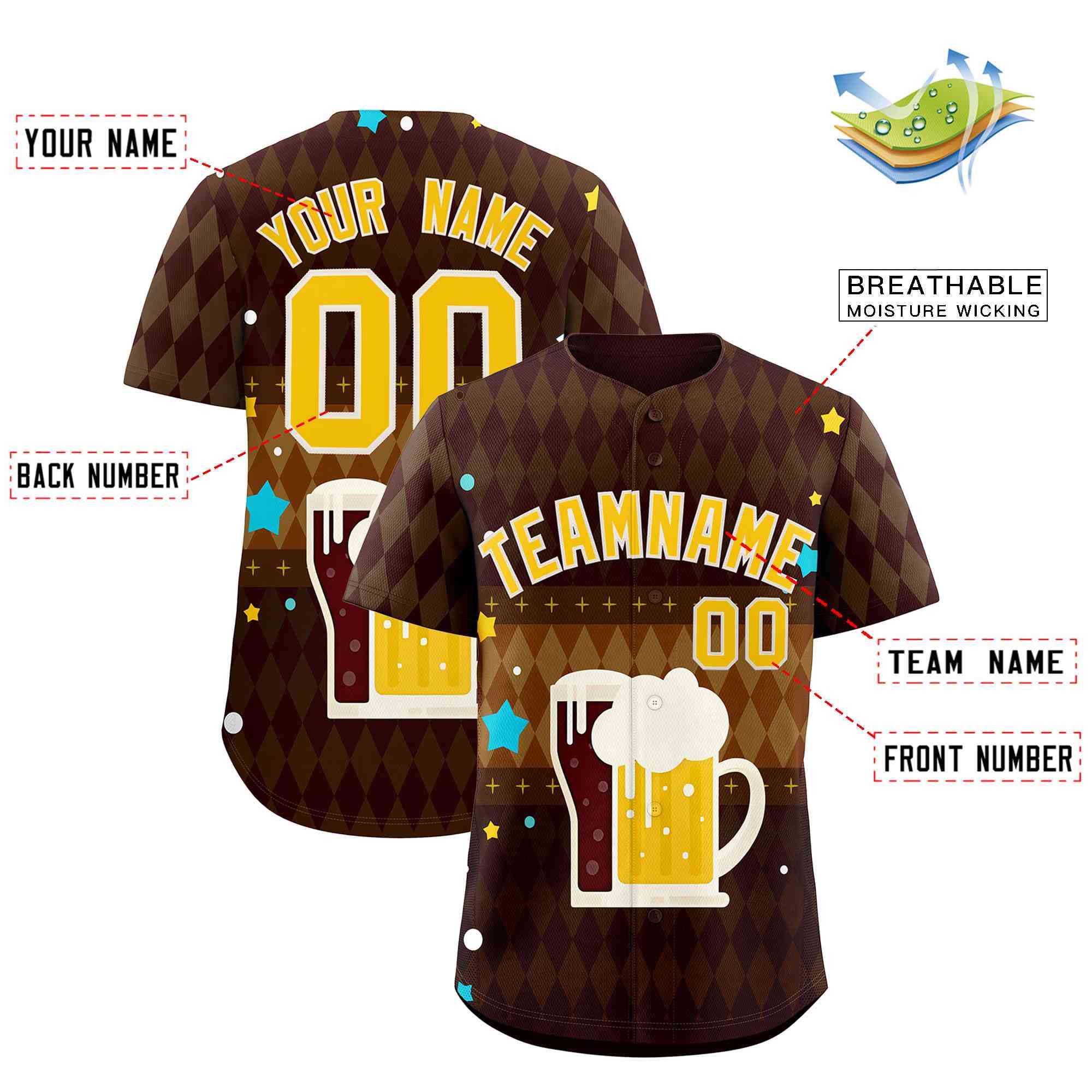 Custom Brown Light Brown National Beer Day Personalized Beer Pattern Baseball Jersey | Suitable For Groups Or Parties | KXKSHOP