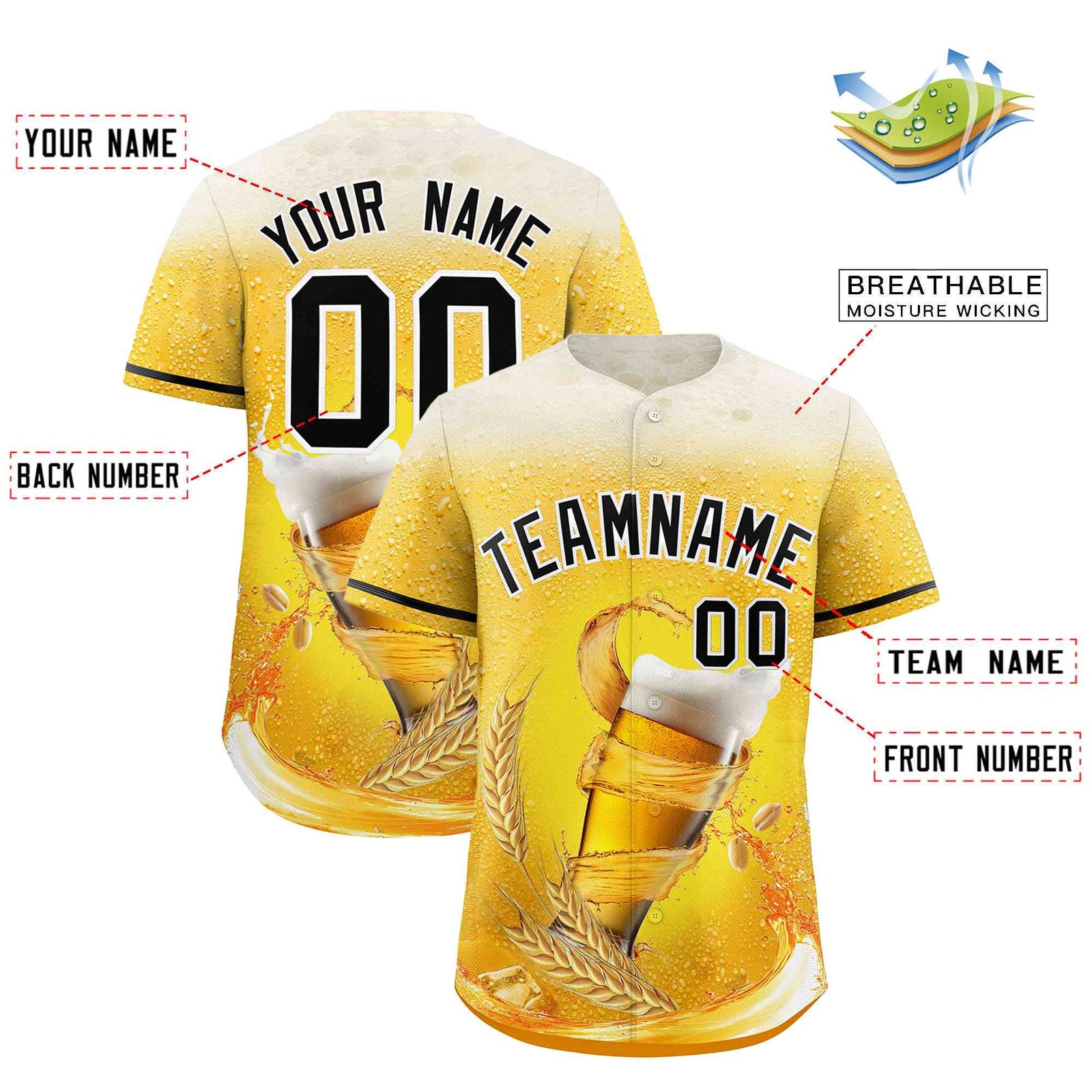 Custom Gold Black National Beer Day Personalized Beer Pattern Baseball Jersey | Suitable For Groups Or Parties | KXKSHOP