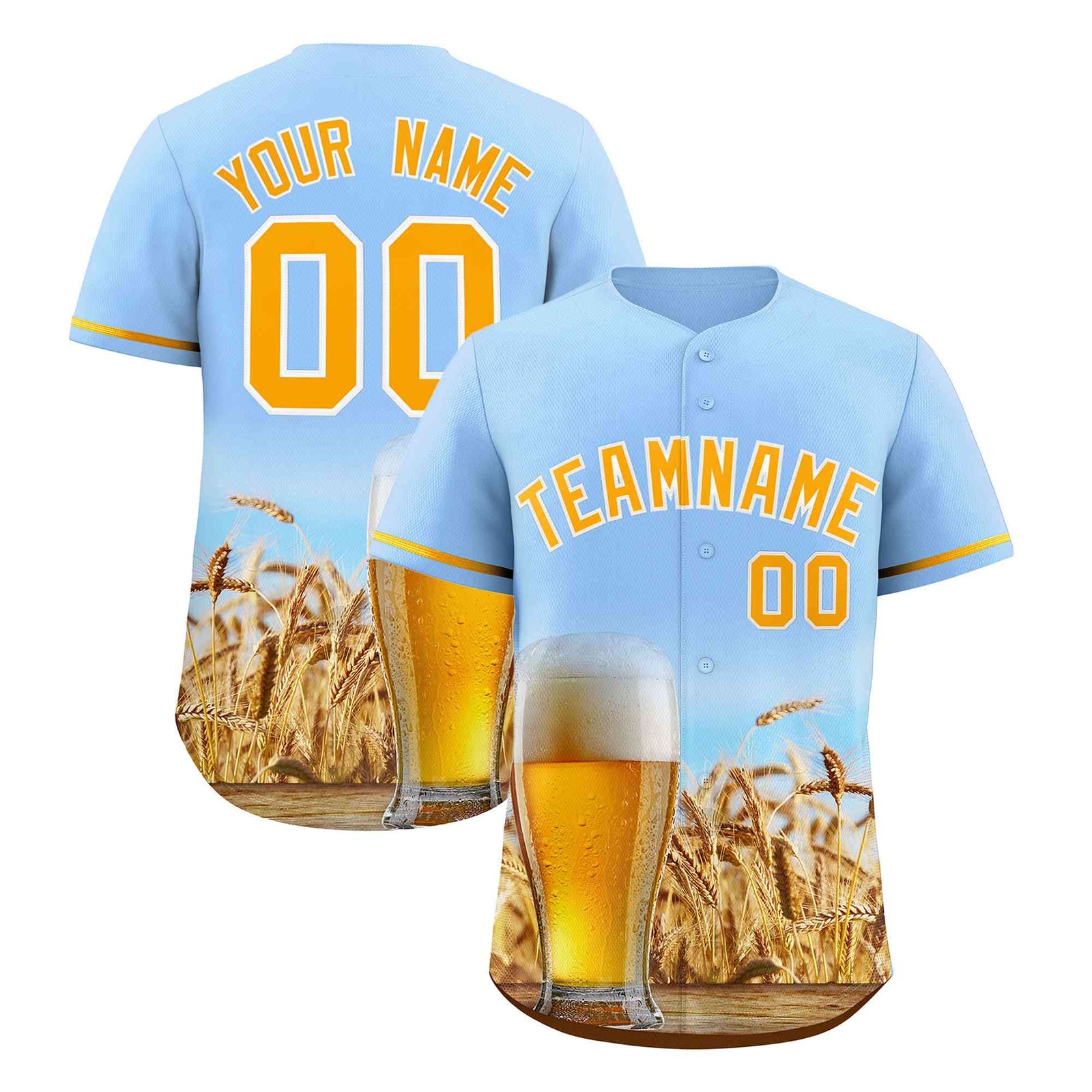 Custom Light Blue Gold National Beer Day Personalized Beer Pattern Baseball Jersey | Suitable For Groups Or Parties | KXKSHOP
