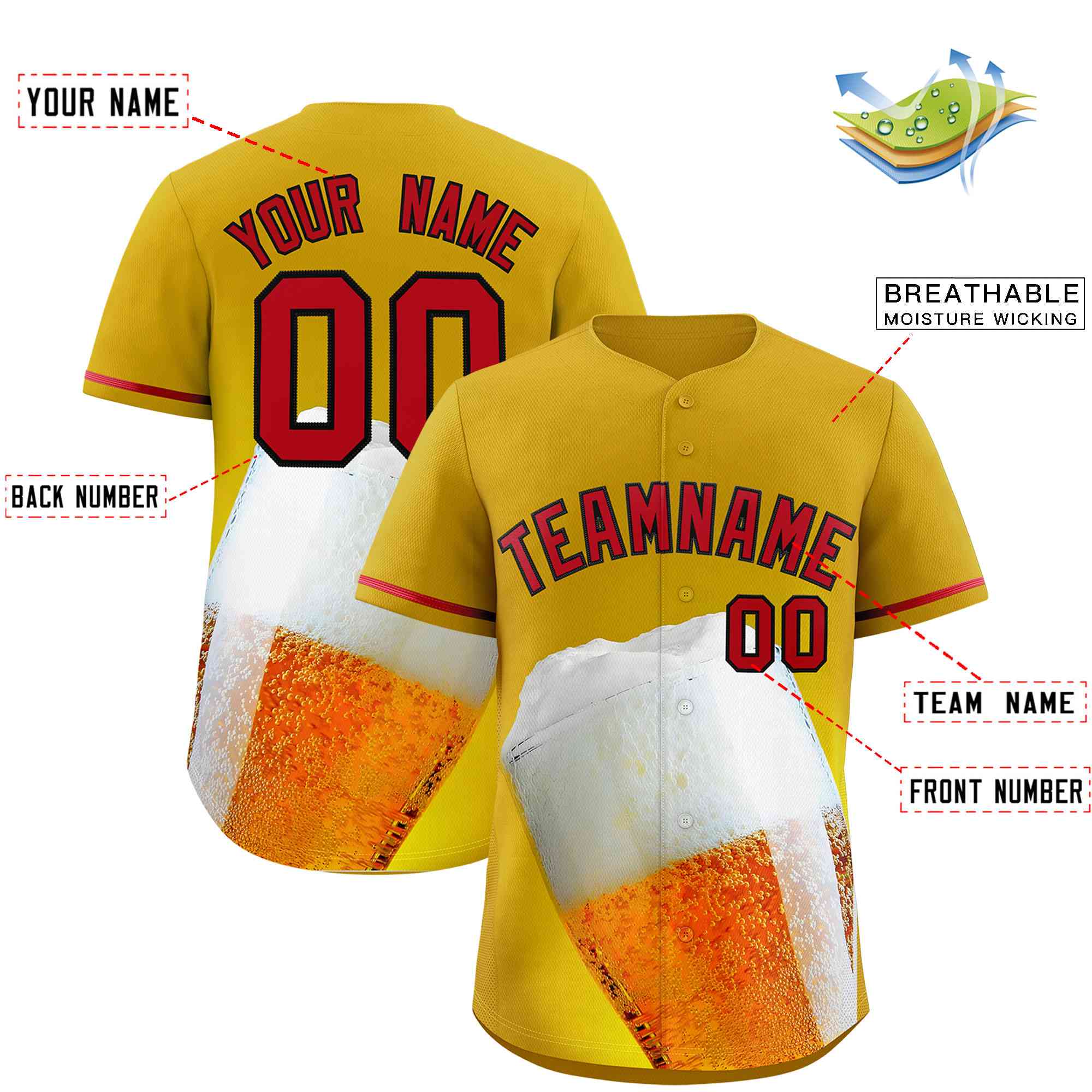 Custom Old Gold Red National Beer Day Personalized Beer Pattern Baseball Jersey | Suitable For Groups Or Parties | KXKSHOP