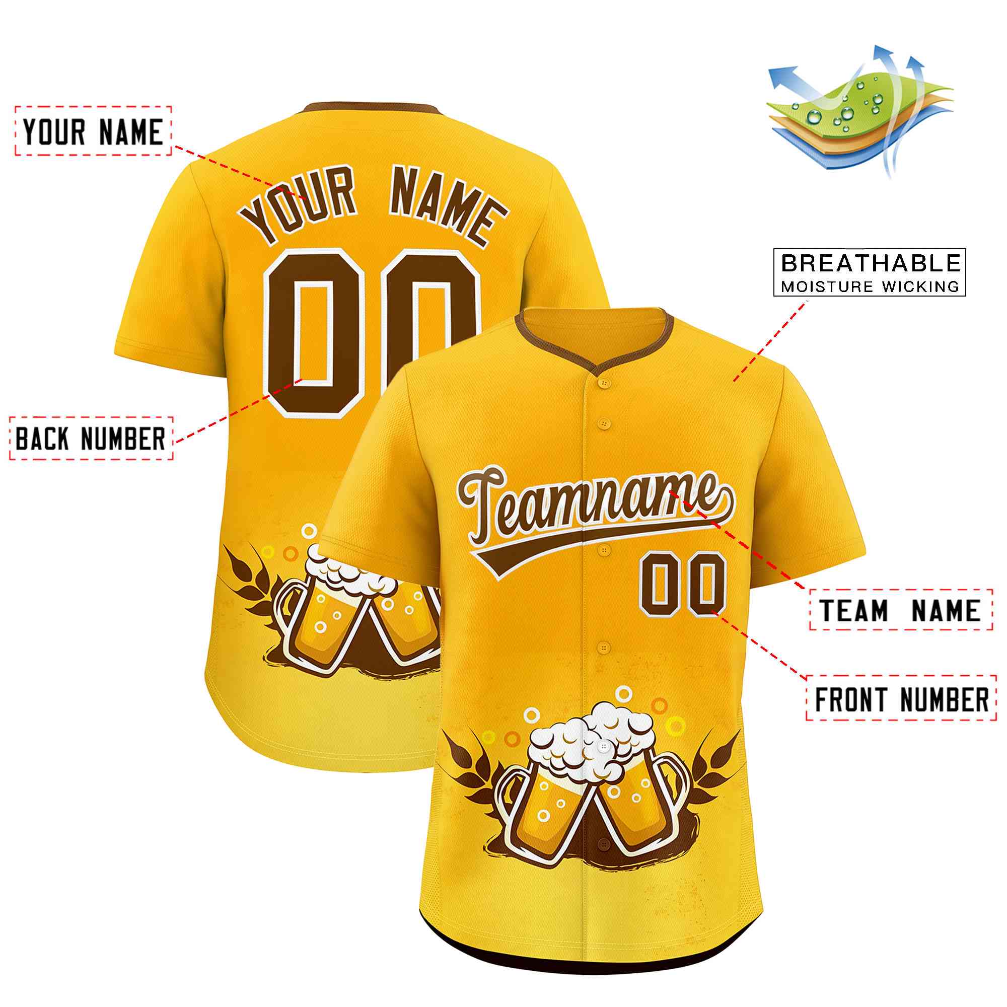 Custom Yellow Light Brown National Beer Day Personalized Beer Pattern Baseball Jersey | Suitable For Groups Or Parties | KXKSHOP