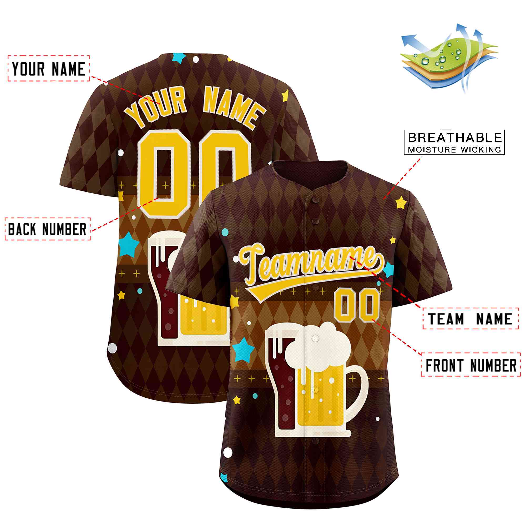 Custom Brown Light Brown National Beer Day Personalized Beer Pattern Baseball Jersey | Suitable For Groups Or Parties | KXKSHOP