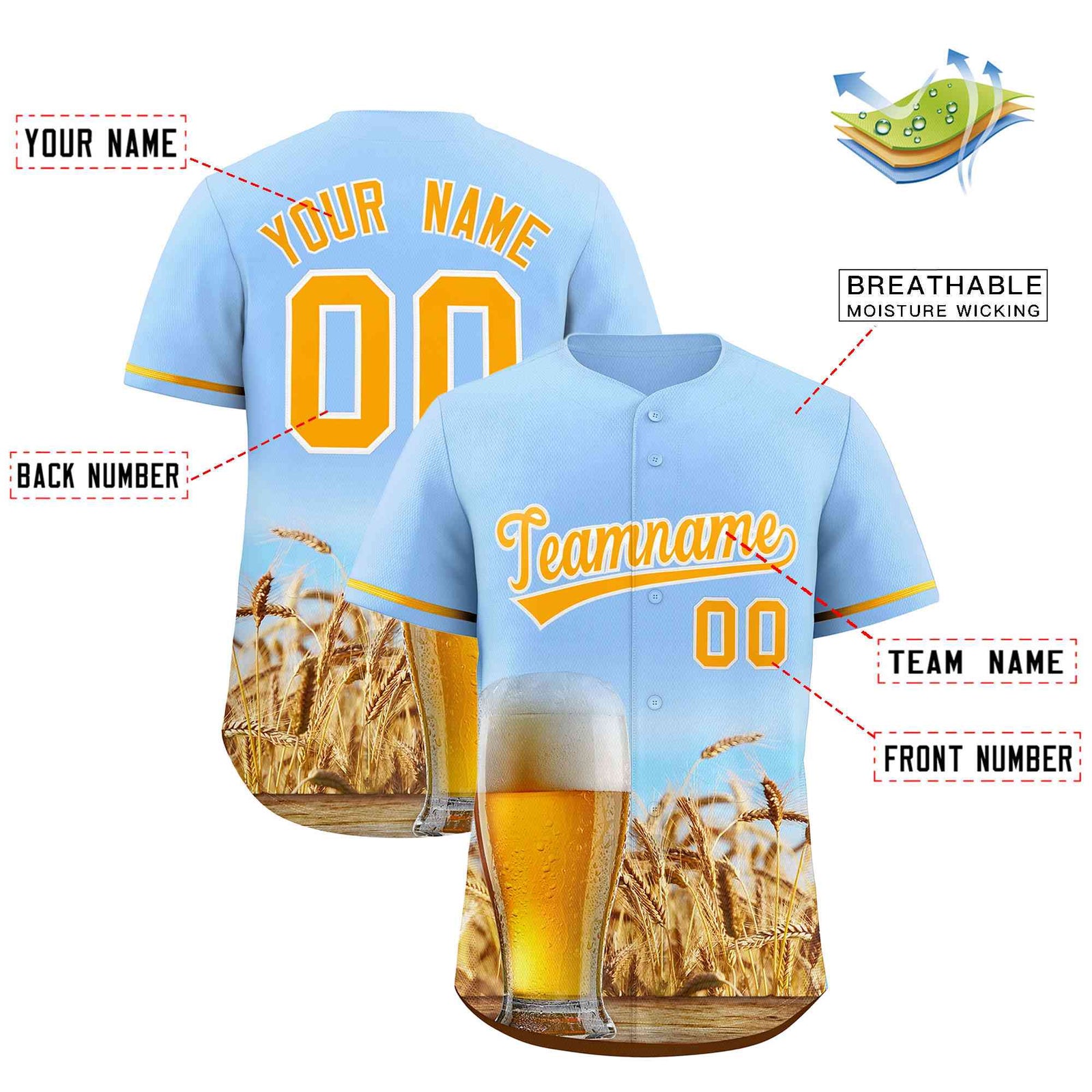 Custom Light Blue Gold National Beer Day Personalized Beer Pattern Baseball Jersey | Suitable For Groups Or Parties | KXKSHOP