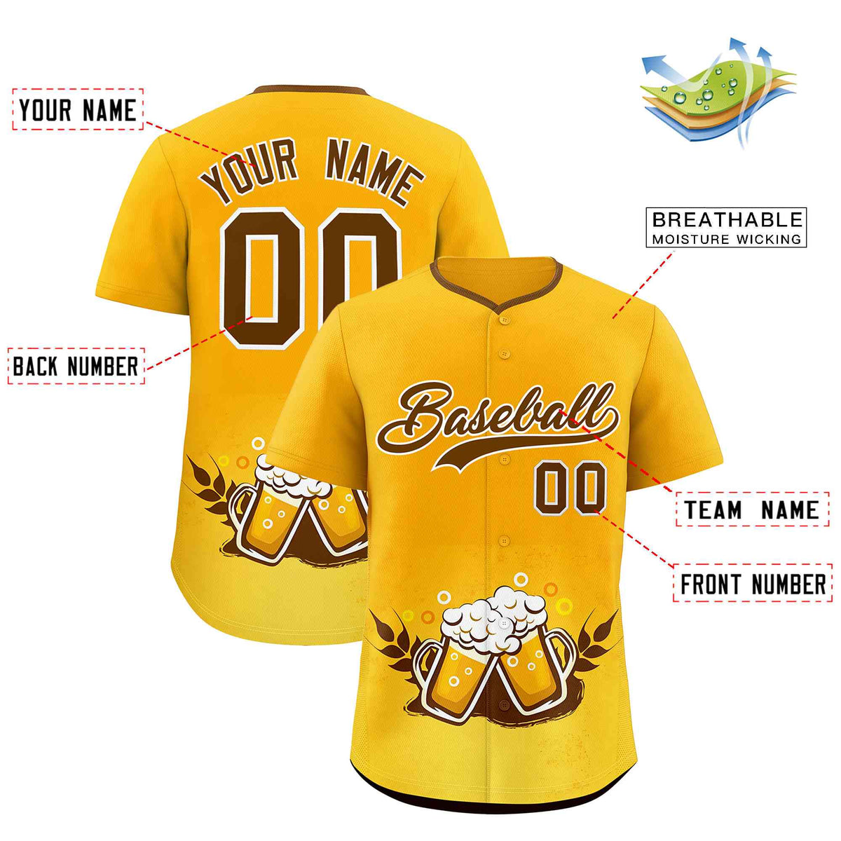 Custom Yellow Light Brown National Beer Day Personalized Beer Pattern Baseball Jersey | Suitable For Groups Or Parties | KXKSHOP