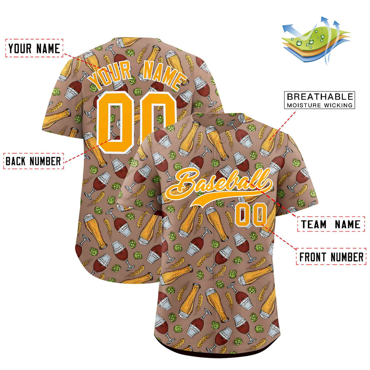 Custom Old Gold National Beer Day Personalized Beer Pattern Baseball Jersey | Suitable For Groups Or Parties | KXKSHOP