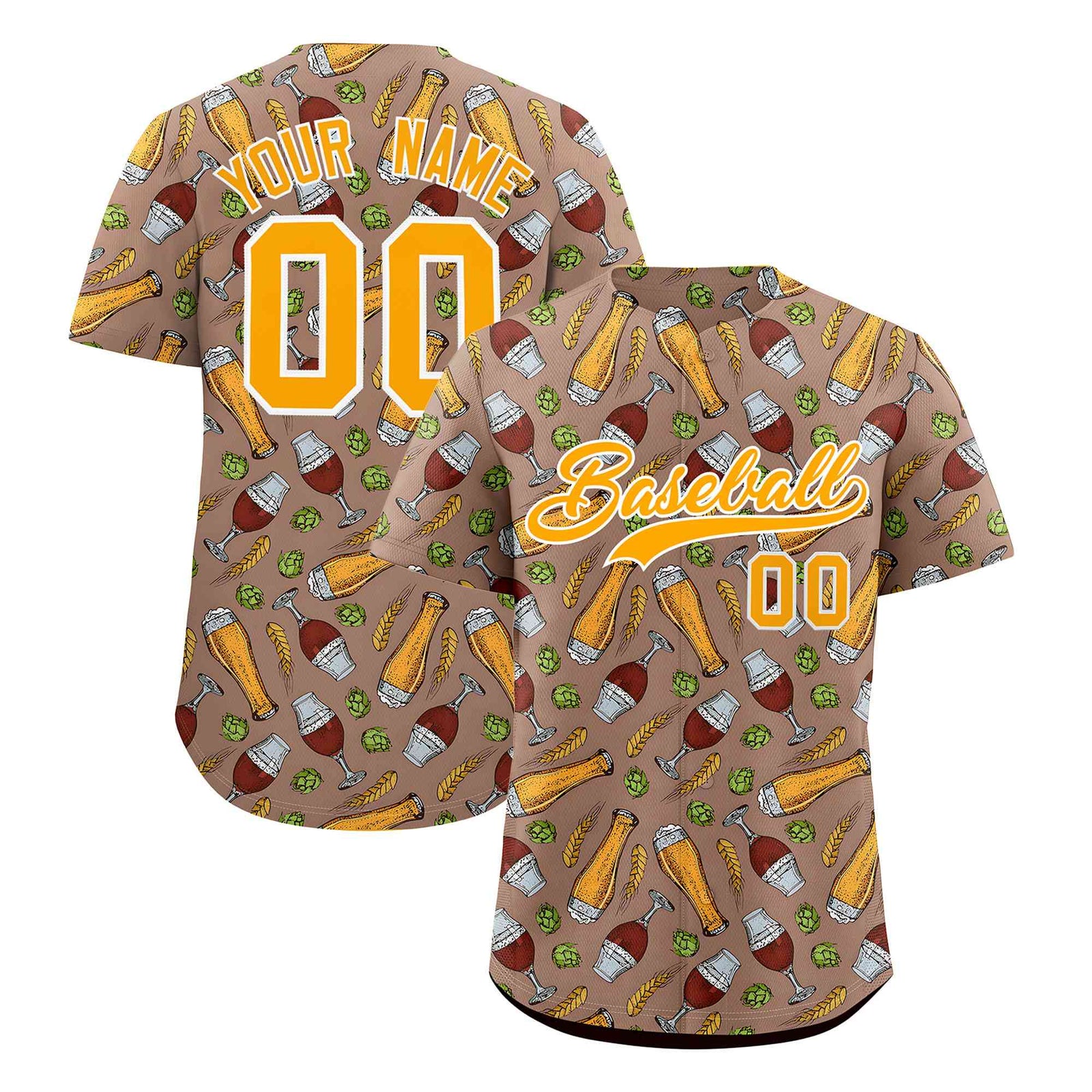 Custom Old Gold National Beer Day Personalized Beer Pattern Baseball Jersey | Suitable For Groups Or Parties | KXKSHOP
