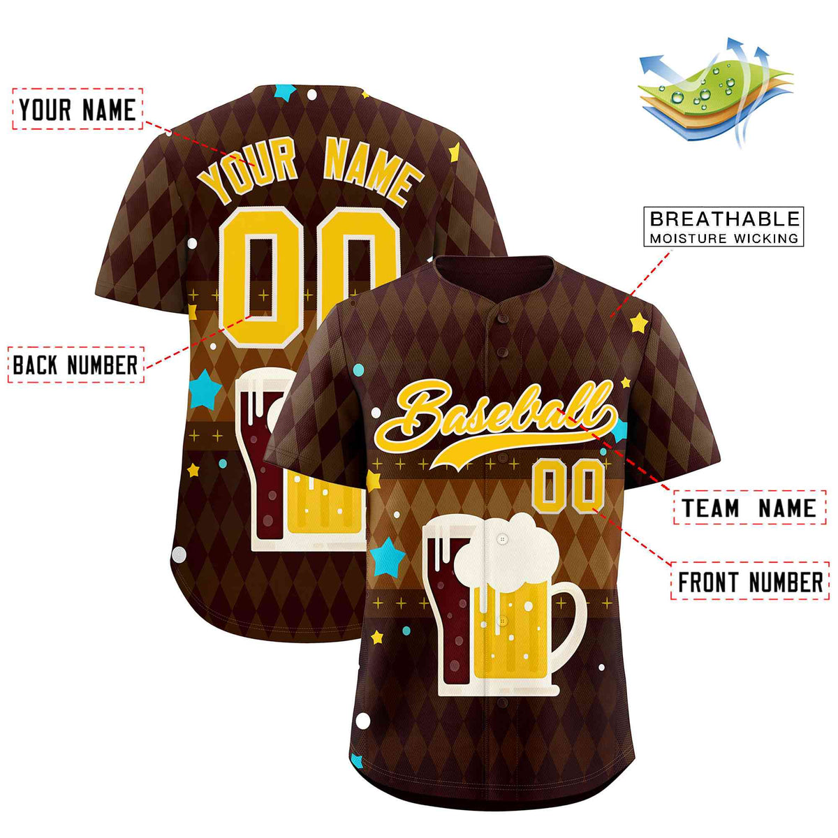 Custom Brown Light Brown National Beer Day Personalized Beer Pattern Baseball Jersey | Suitable For Groups Or Parties | KXKSHOP
