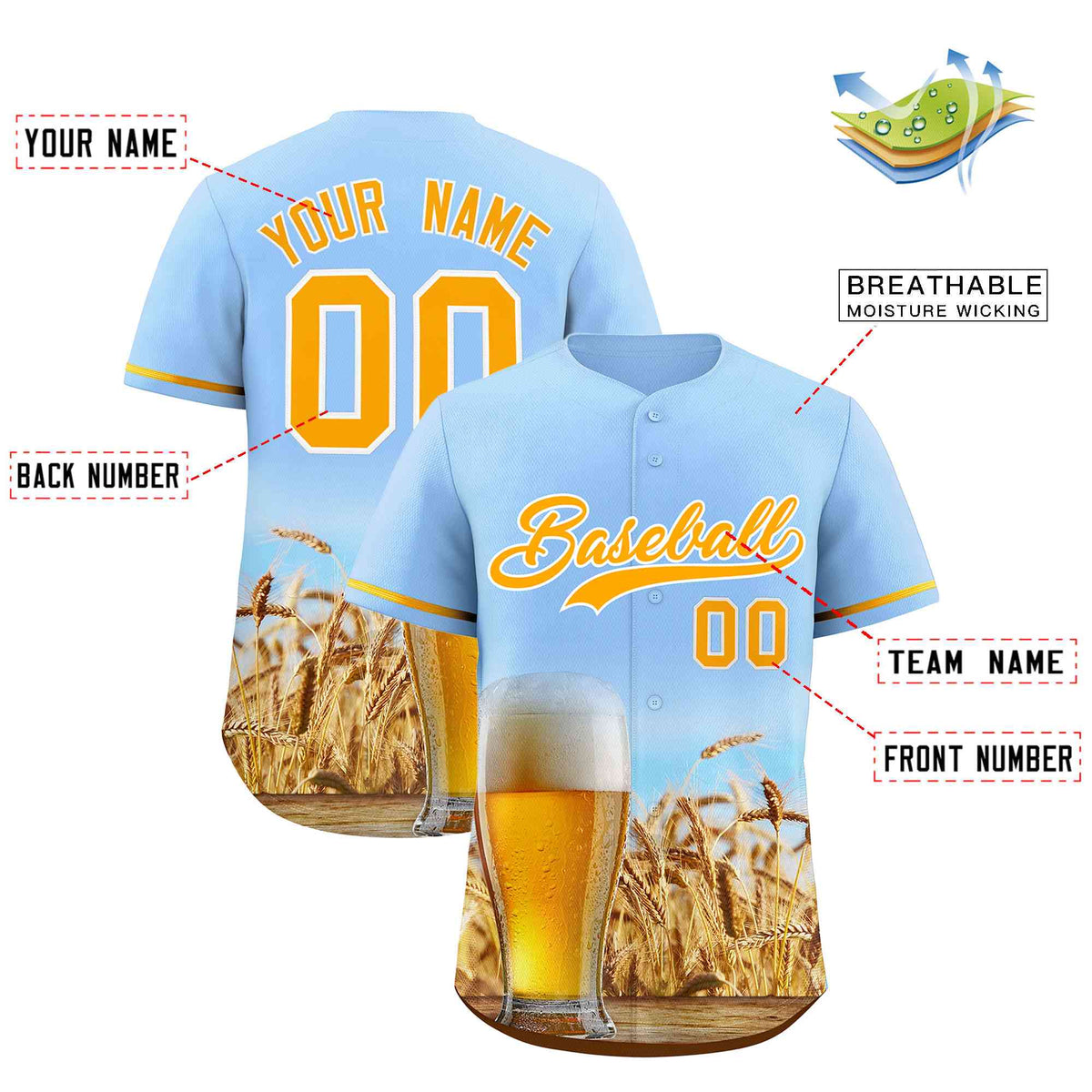 Custom Light Blue Gold National Beer Day Personalized Beer Pattern Baseball Jersey | Suitable For Groups Or Parties | KXKSHOP