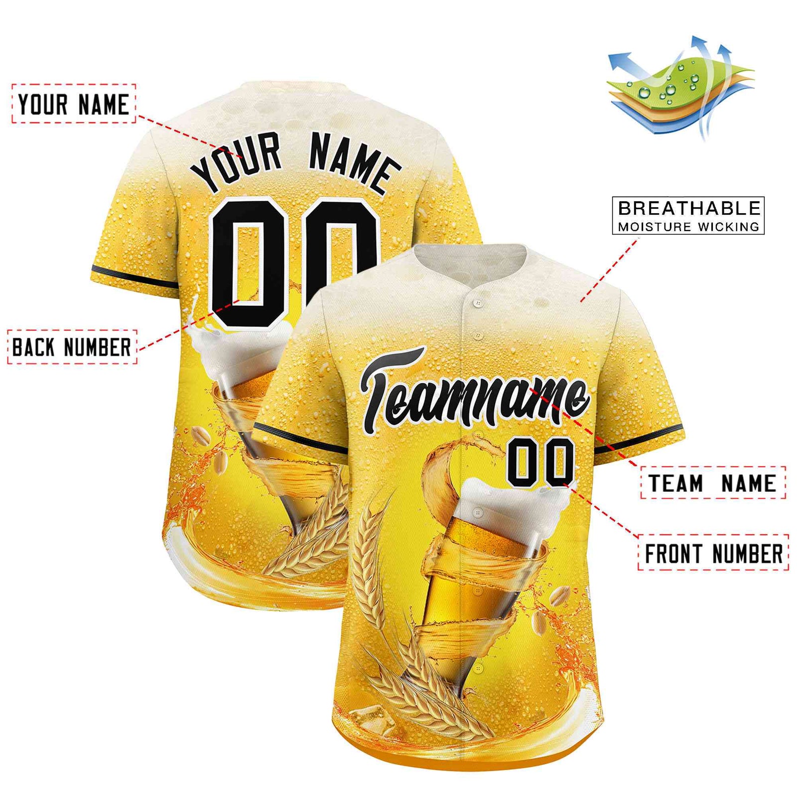 Custom Gold Black National Beer Day Personalized Beer Pattern Baseball Jersey | Suitable For Groups Or Parties | KXKSHOP