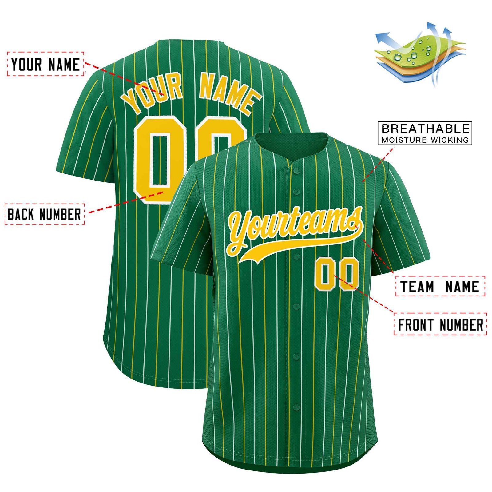 Custom Kelly Green Gold and White Bi-Color Stripes Fashion Authentic Baseball Jersey