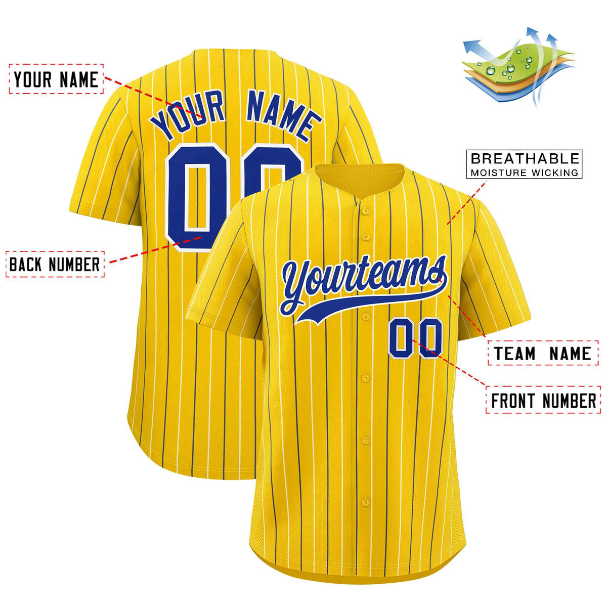 Custom Gold Royal and White Bi-Color Stripes Fashion Authentic Baseball Jersey