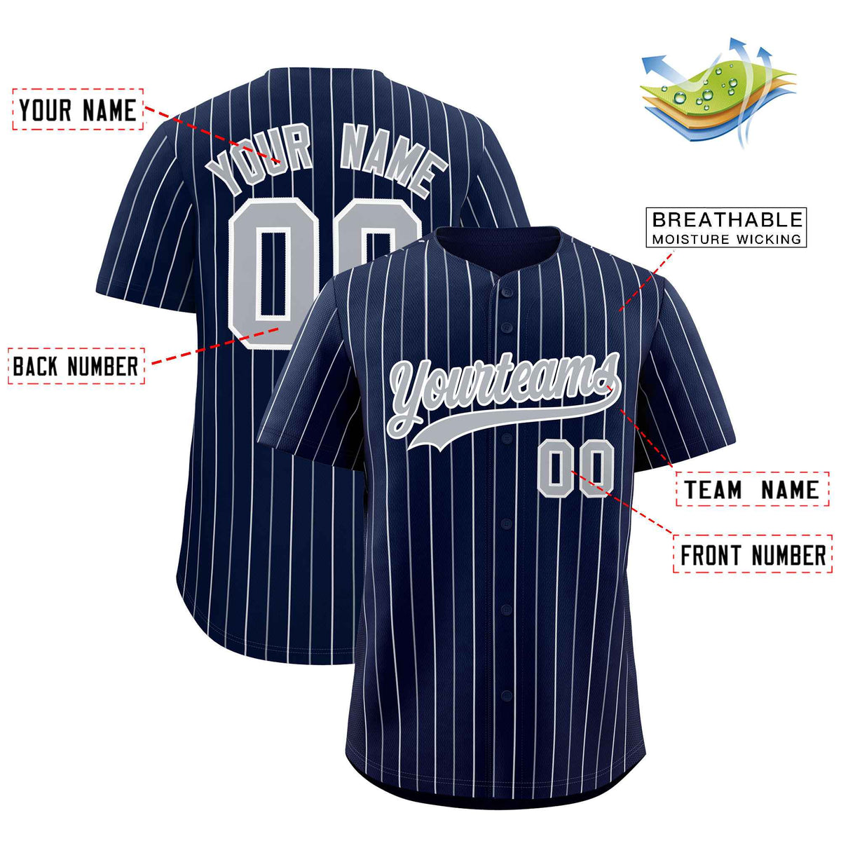 Custom Navy Gray and White Bi-Color Stripes Fashion Authentic Baseball Jersey