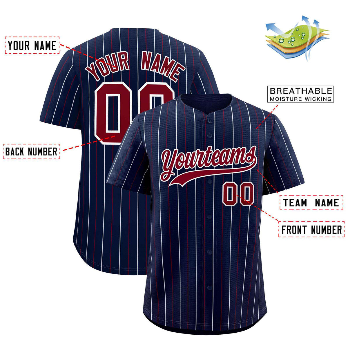 Custom Navy Crimson and White Bi-Color Stripes Fashion Authentic Baseball Jersey