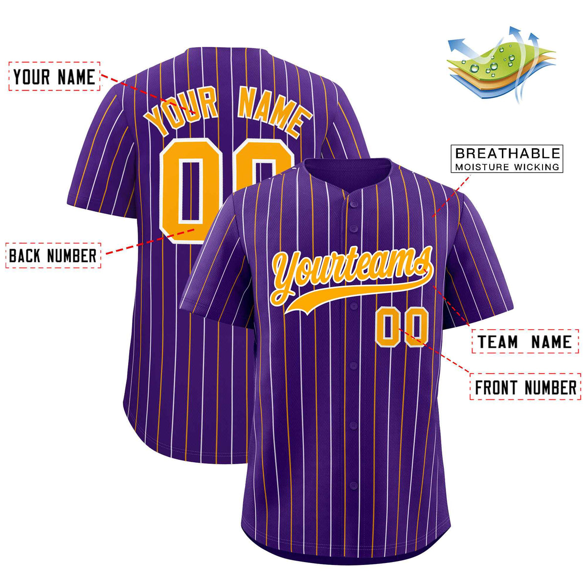 Custom Purple Yellow and White Bi-Color Stripes Fashion Authentic Baseball Jersey