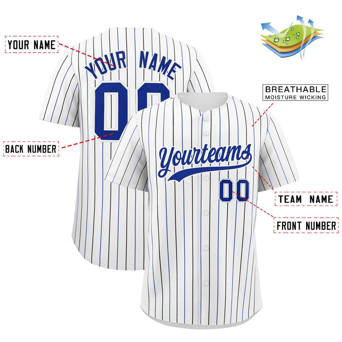 Custom White Royal and Black Bi-Color Stripes Fashion Authentic Baseball Jersey