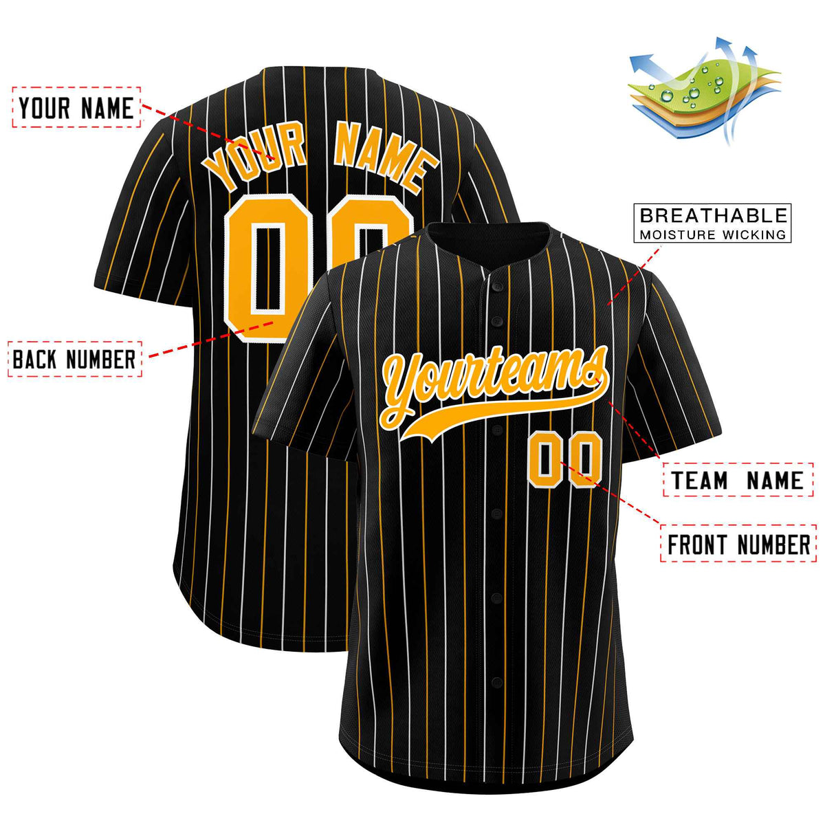 Custom Black White and Yellow Bi-Color Stripes Fashion Authentic Baseball Jersey