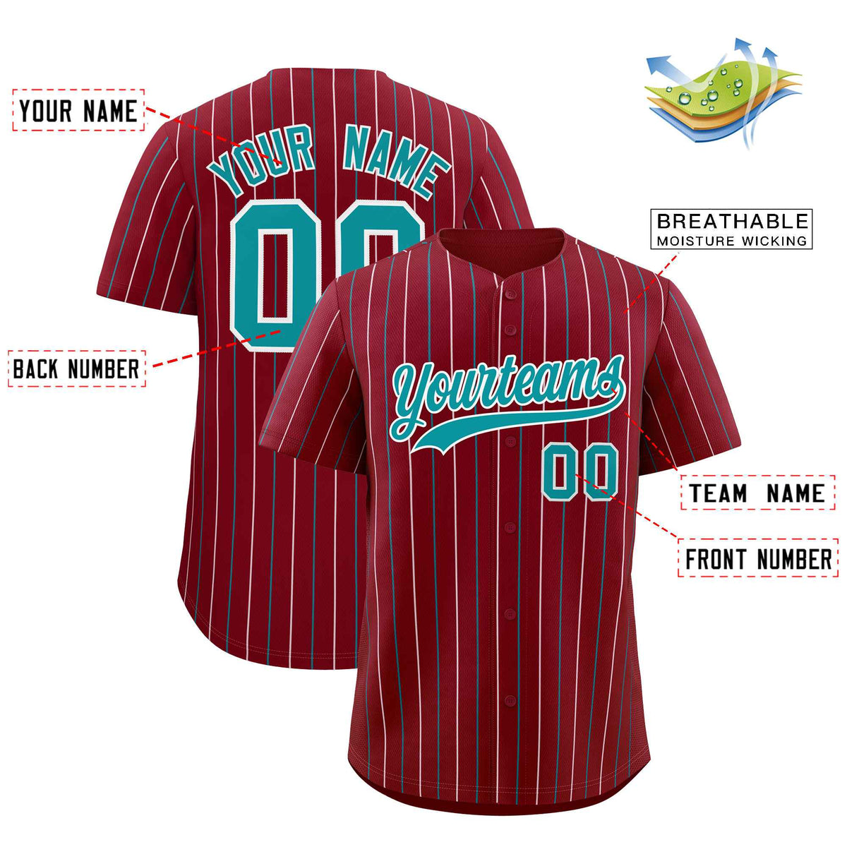 Custom Crimson Aqua and White Bi-Color Stripes Fashion Authentic Baseball Jersey