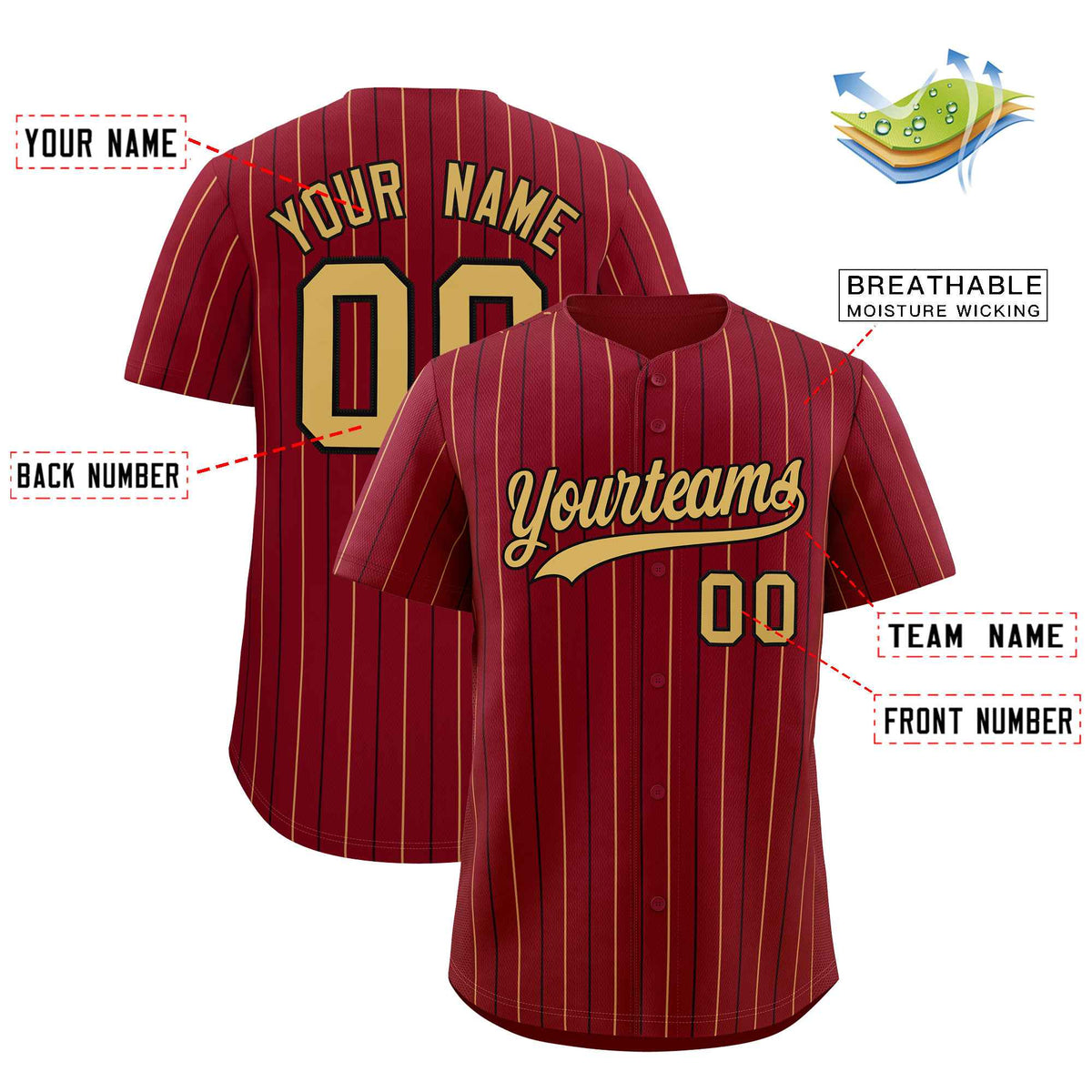 Custom Crimson Old Gold and Black Bi-Color Stripes Fashion Authentic Baseball Jersey