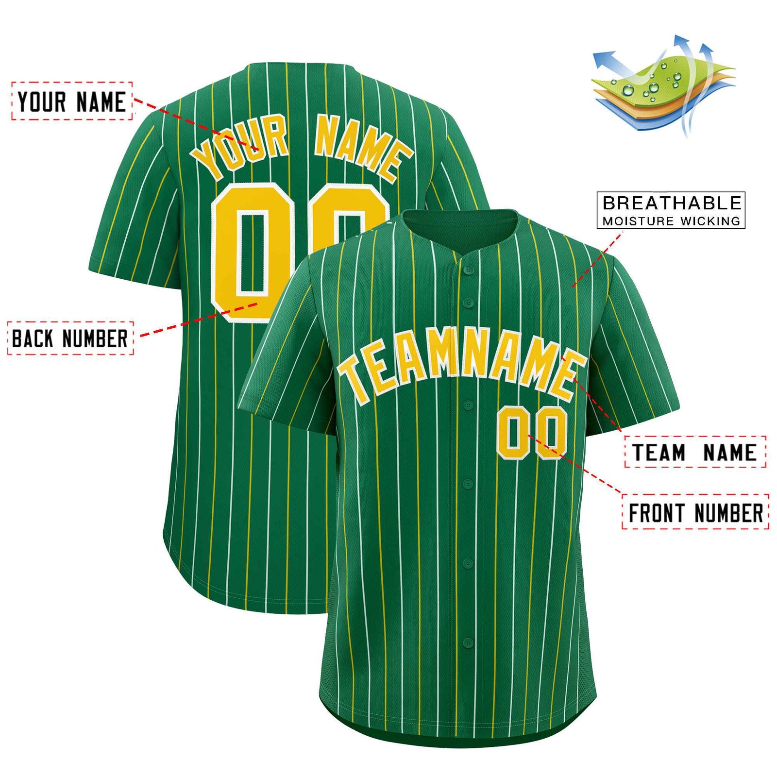 Custom Kelly Green Gold and White Bi-Color Stripes Fashion Authentic Baseball Jersey