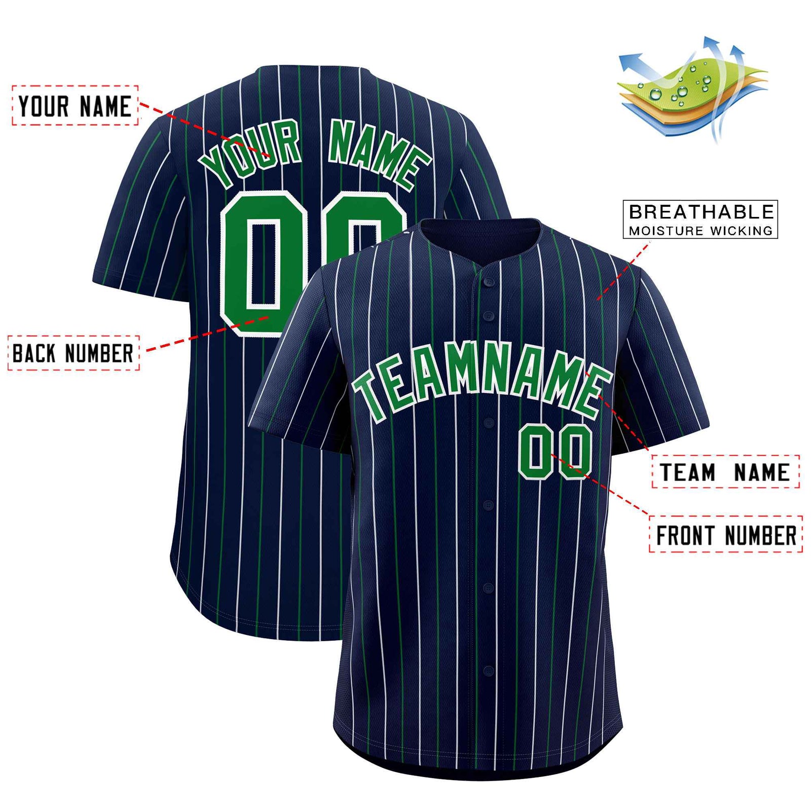 Custom Navy Kelly Green and White Bi-Color Stripes Fashion Authentic Baseball Jersey