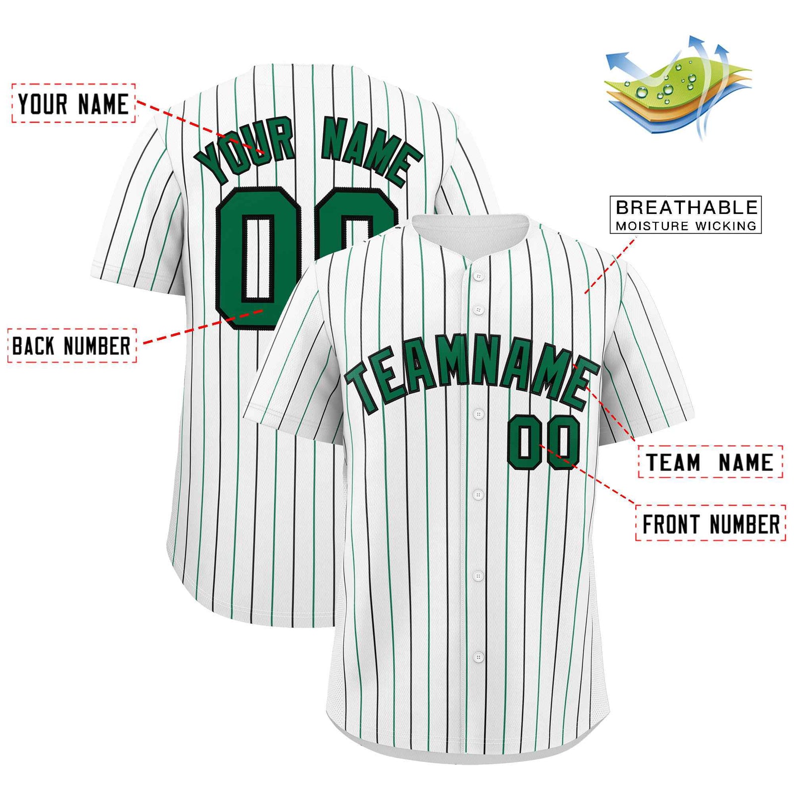 Custom White Kelly Green and Black Bi-Color Stripes Fashion Authentic Baseball Jersey