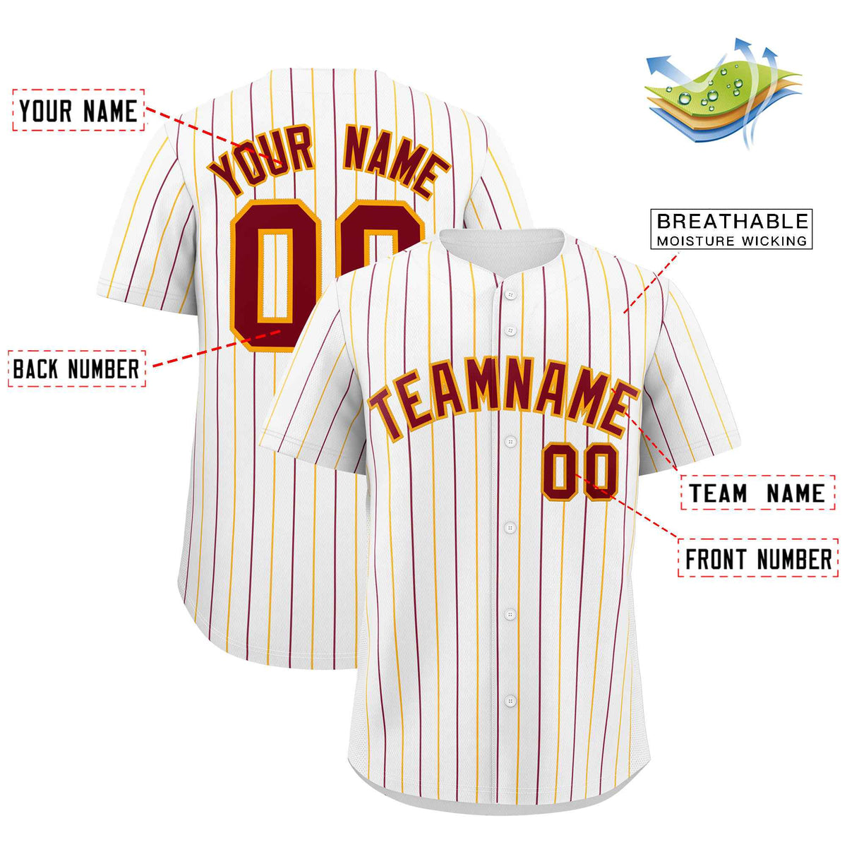 Custom White Crimson and Yellow Bi-Color Stripes Fashion Authentic Baseball Jersey