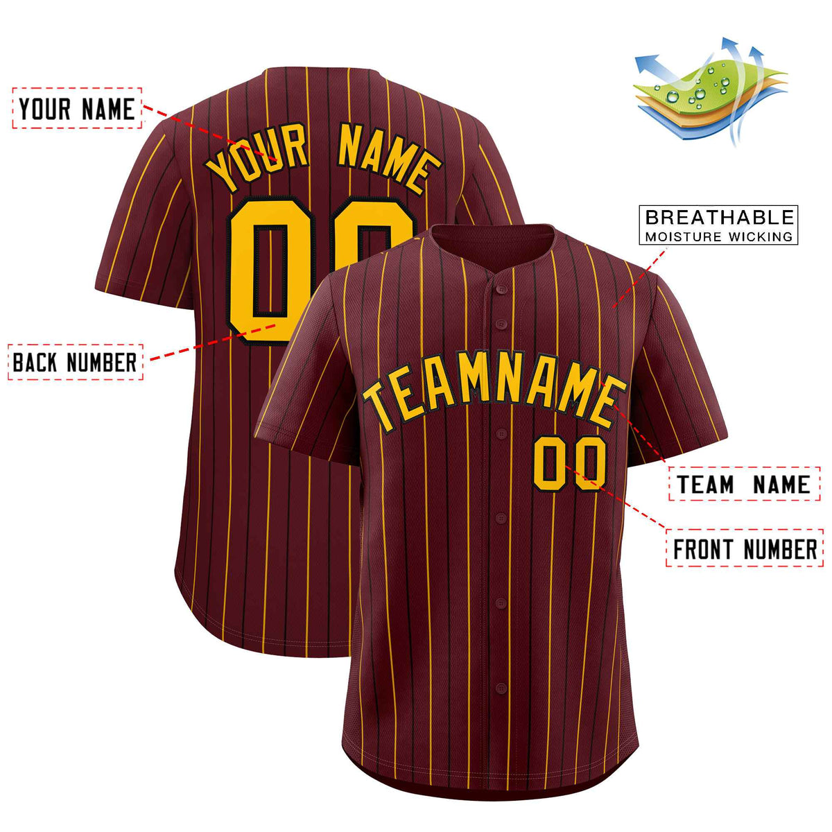 Custom Burgundy Gold and Black Bi-Color Stripes Fashion Authentic Baseball Jersey