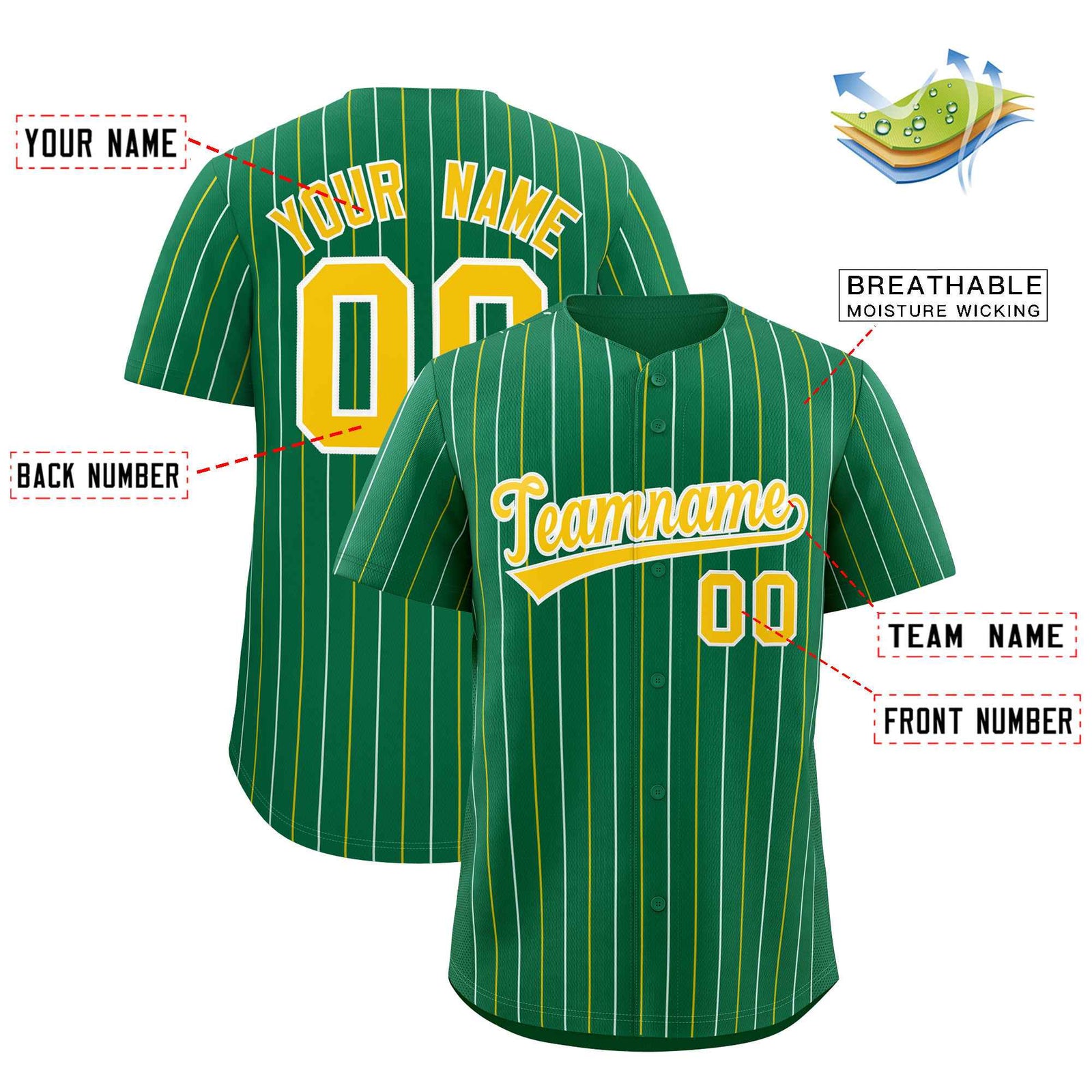 Custom Kelly Green Gold and White Bi-Color Stripes Fashion Authentic Baseball Jersey