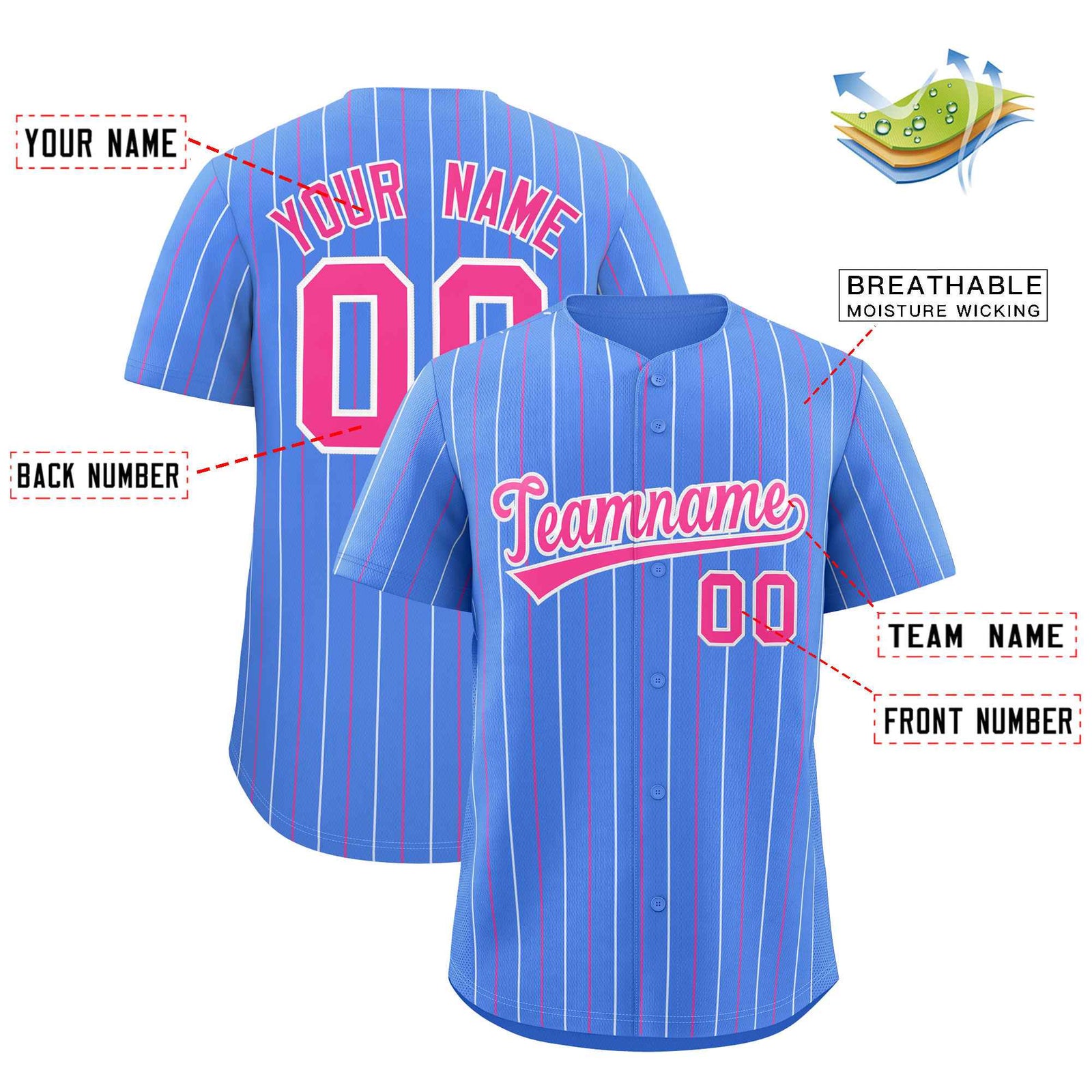 Custom Powder Blue Pink and White Bi-Color Stripes Fashion Authentic Baseball Jersey