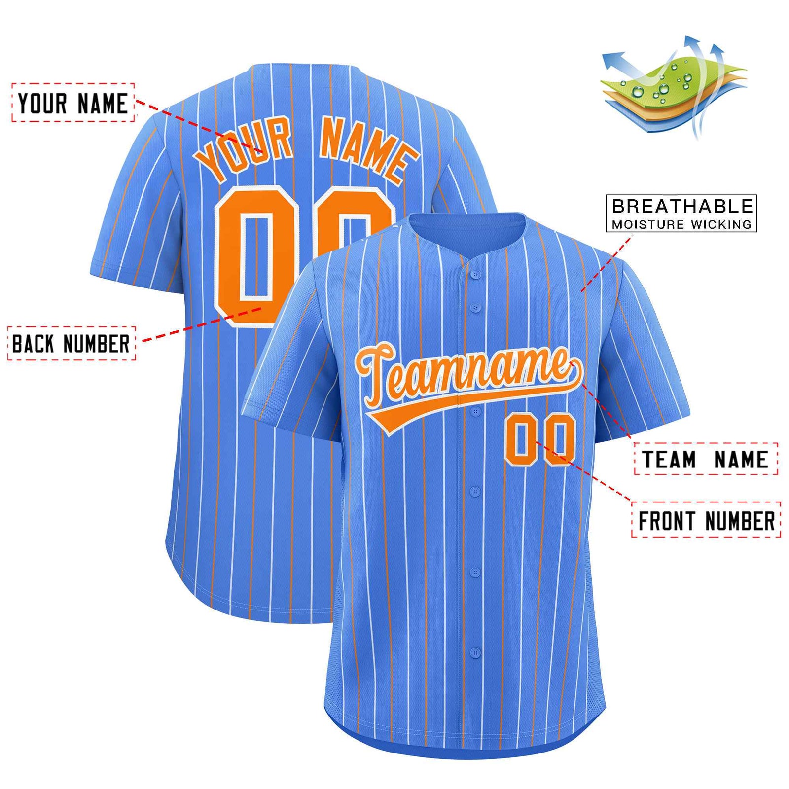 Custom Powder Blue Orange and White Bi-Color Stripes Fashion Authentic Baseball Jersey