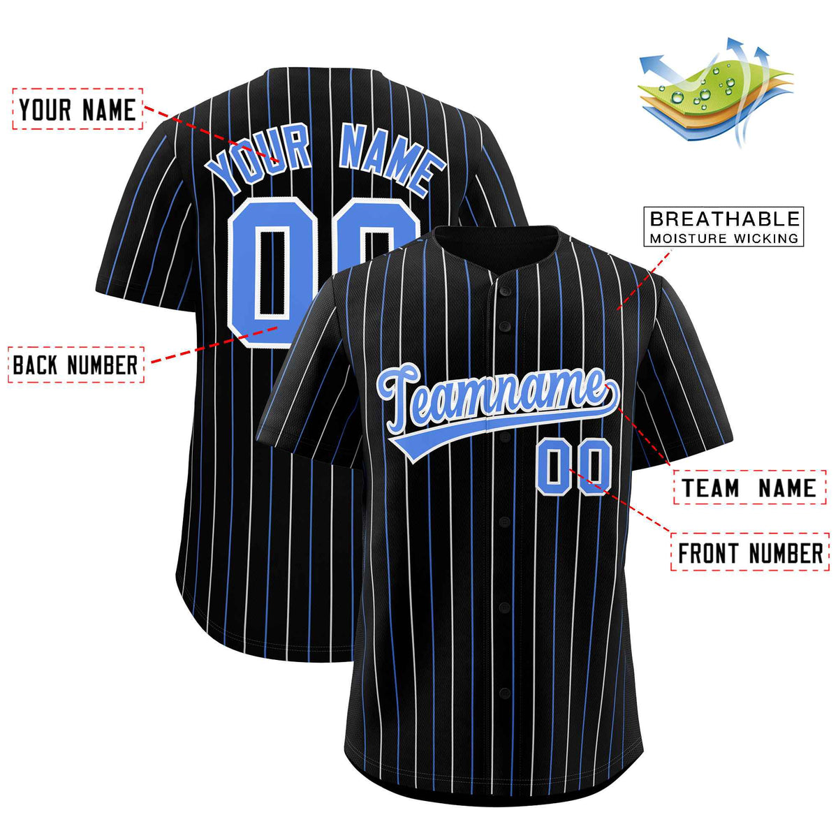 Custom Black Powder Blue and White Bi-Color Stripes Fashion Authentic Baseball Jersey