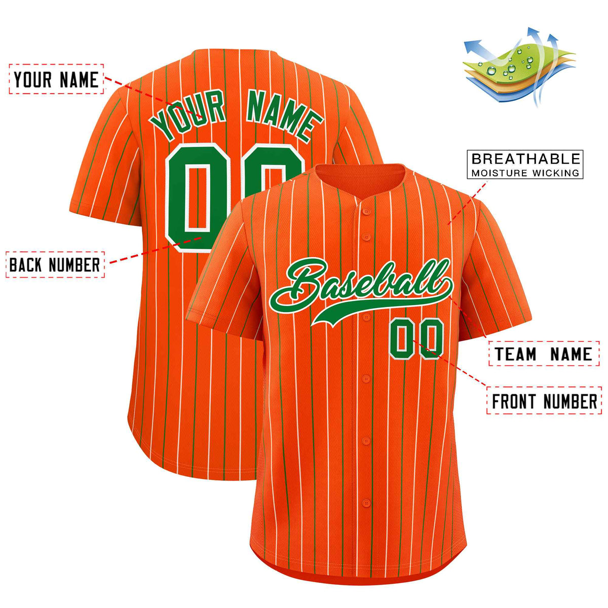 Custom Orange Kelly Green and White Bi-Color Stripes Fashion Authentic Baseball Jersey
