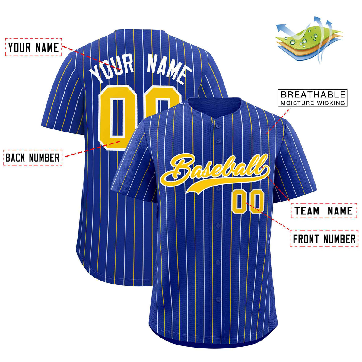 Custom Royal Gold and White Bi-Color Stripes Fashion Authentic Baseball Jersey