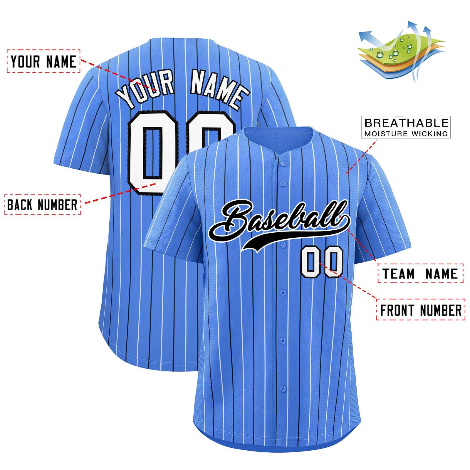 Custom Powder Blue White and Black Bi-Color Stripes Fashion Authentic Baseball Jersey