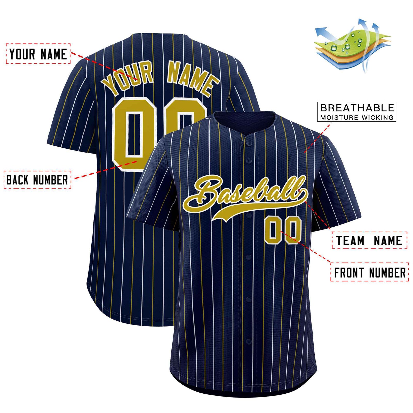 Custom Navy Old Gold and White Bi-Color Stripes Fashion Authentic Baseball Jersey