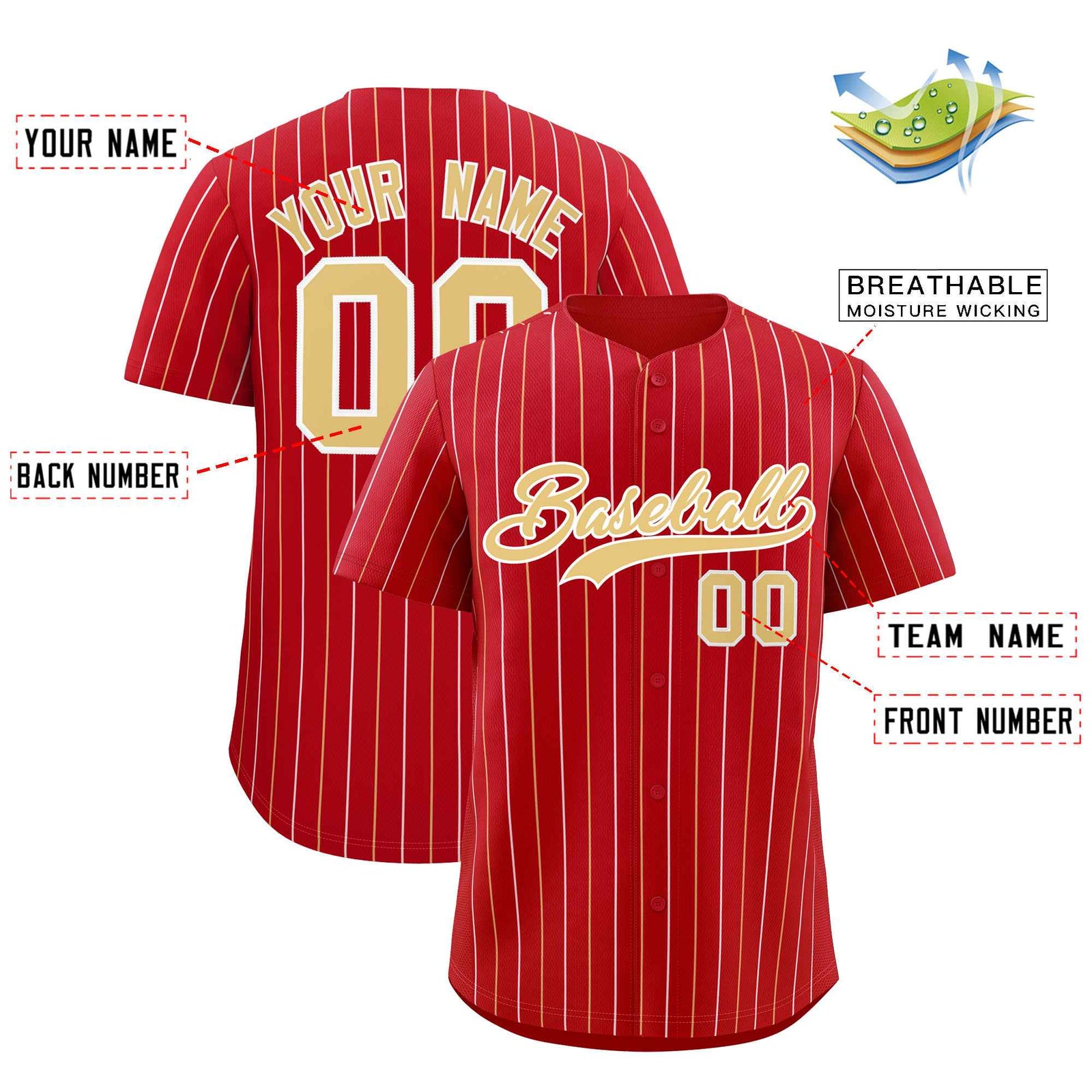 Custom Red Khaki and White Bi-Color Stripes Fashion Authentic Baseball Jersey