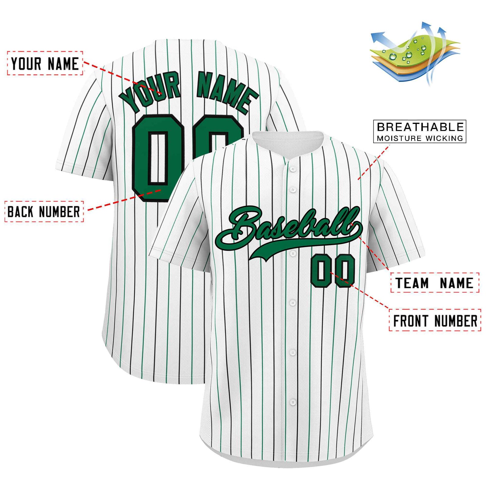 Custom White Kelly Green and Black Bi-Color Stripes Fashion Authentic Baseball Jersey