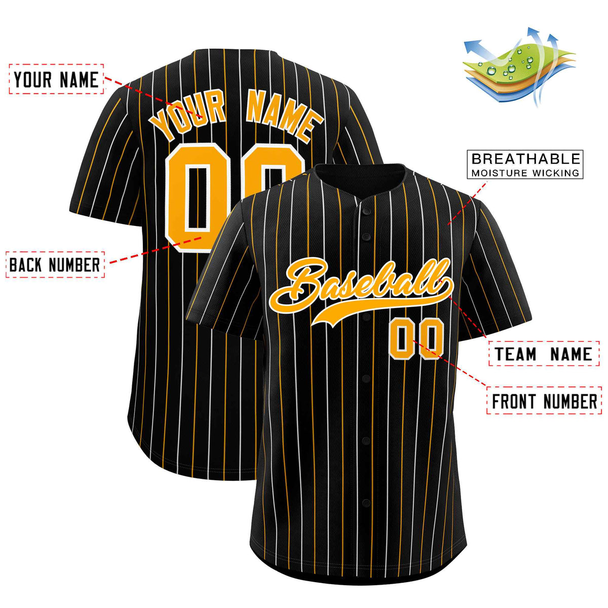 Custom Black White and Yellow Bi-Color Stripes Fashion Authentic Baseball Jersey
