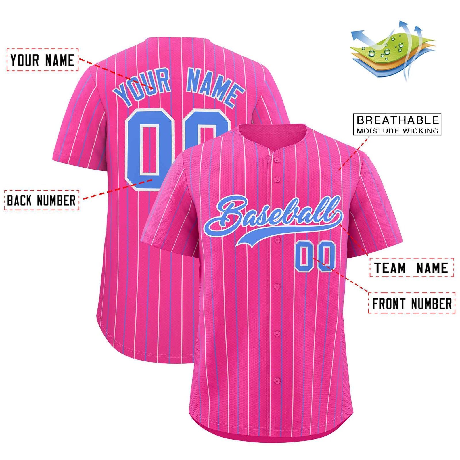 Custom Pink White and Powder Blue Bi-Color Stripes Fashion Authentic Baseball Jersey