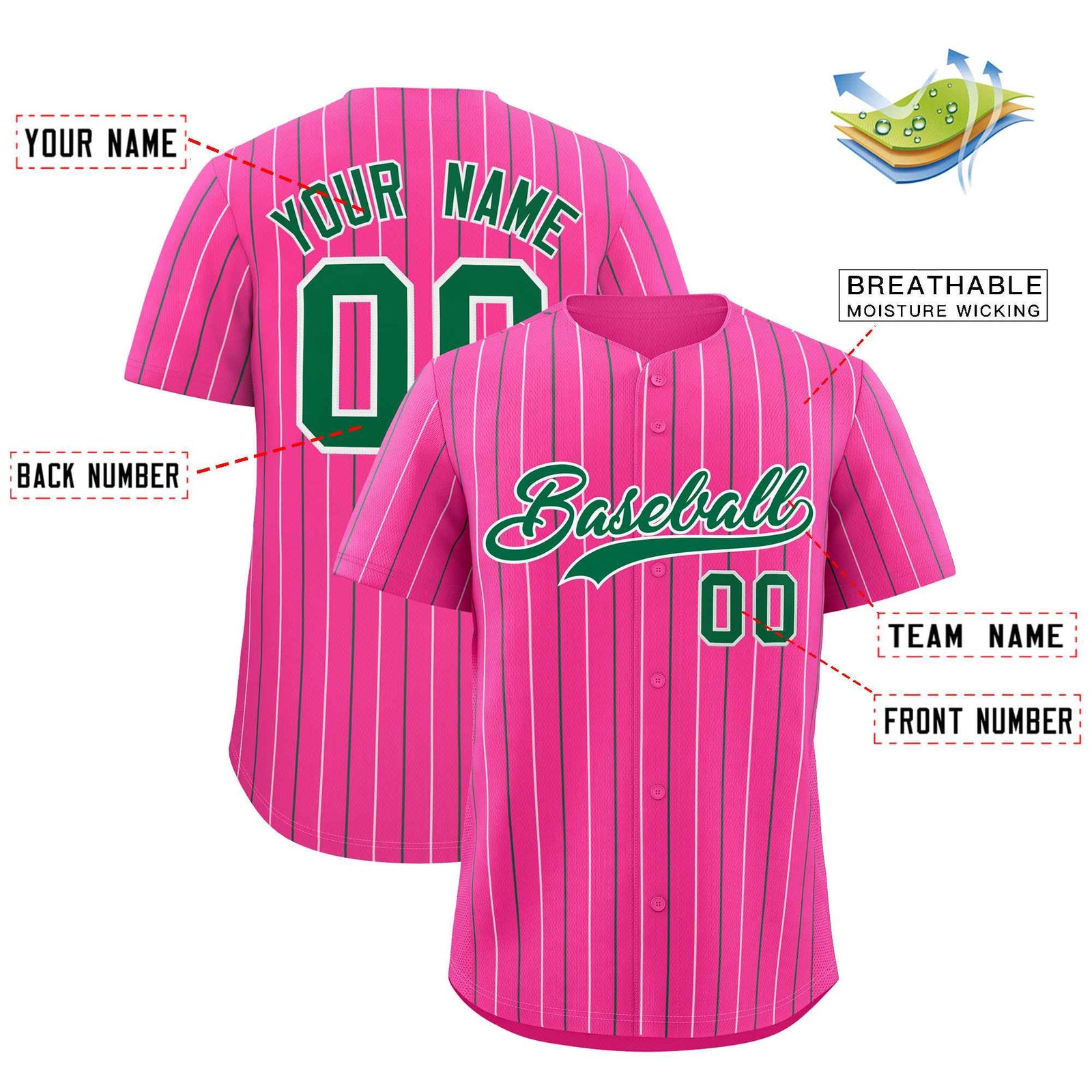 Custom Pink White and Kelly Green Bi-Color Stripes Fashion Authentic Baseball Jersey