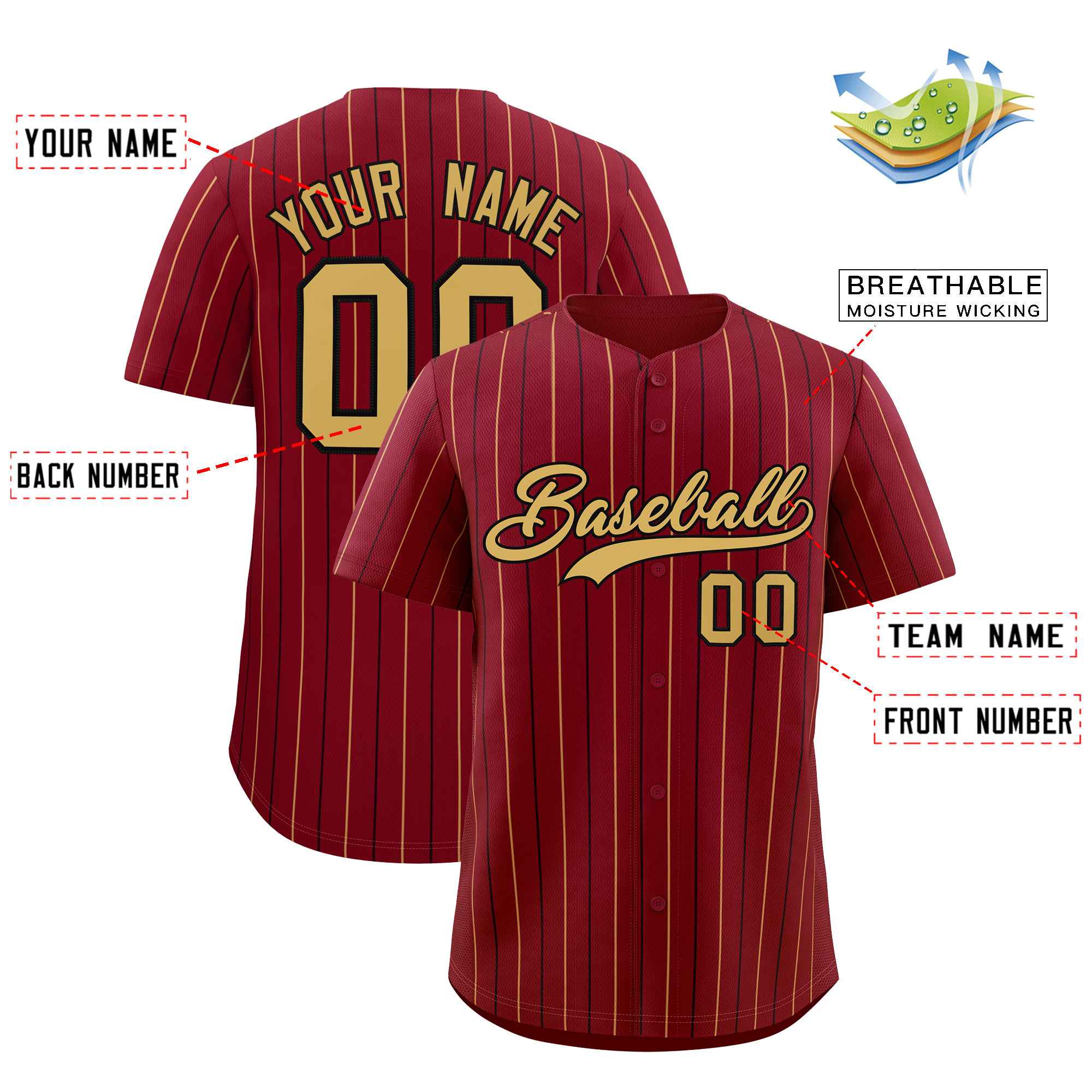Custom Crimson Old Gold and Black Bi-Color Stripes Fashion Authentic Baseball Jersey