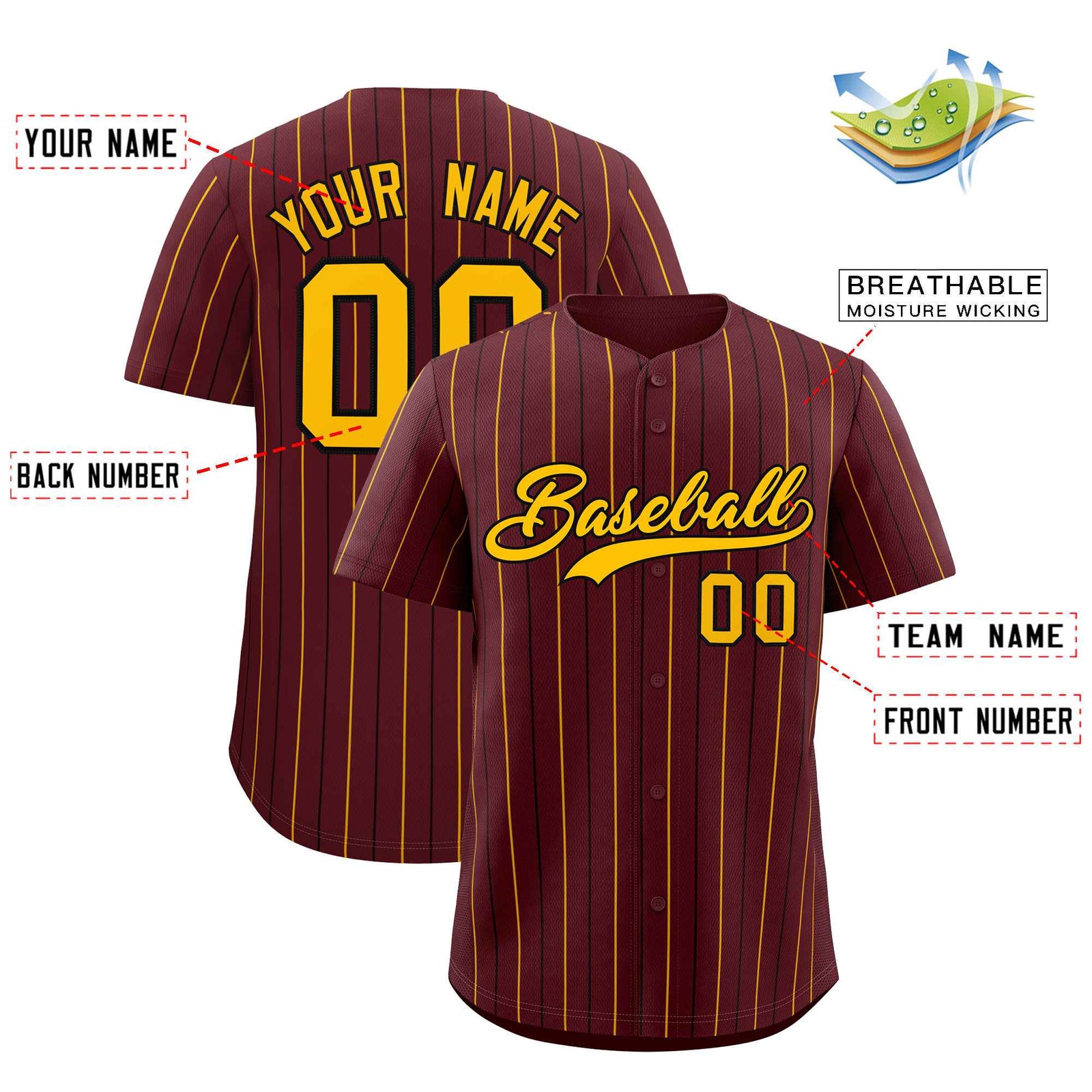 Custom Burgundy Gold and Black Bi-Color Stripes Fashion Authentic Baseball Jersey