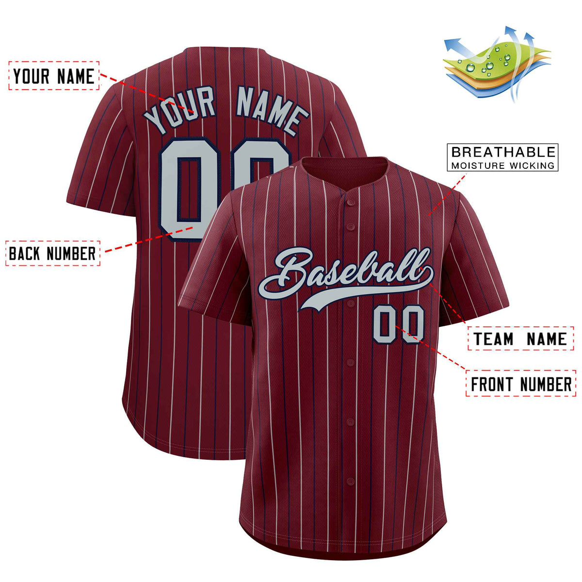 Custom Burgundy Silver and Black Bi-Color Stripes Fashion Authentic Baseball Jersey