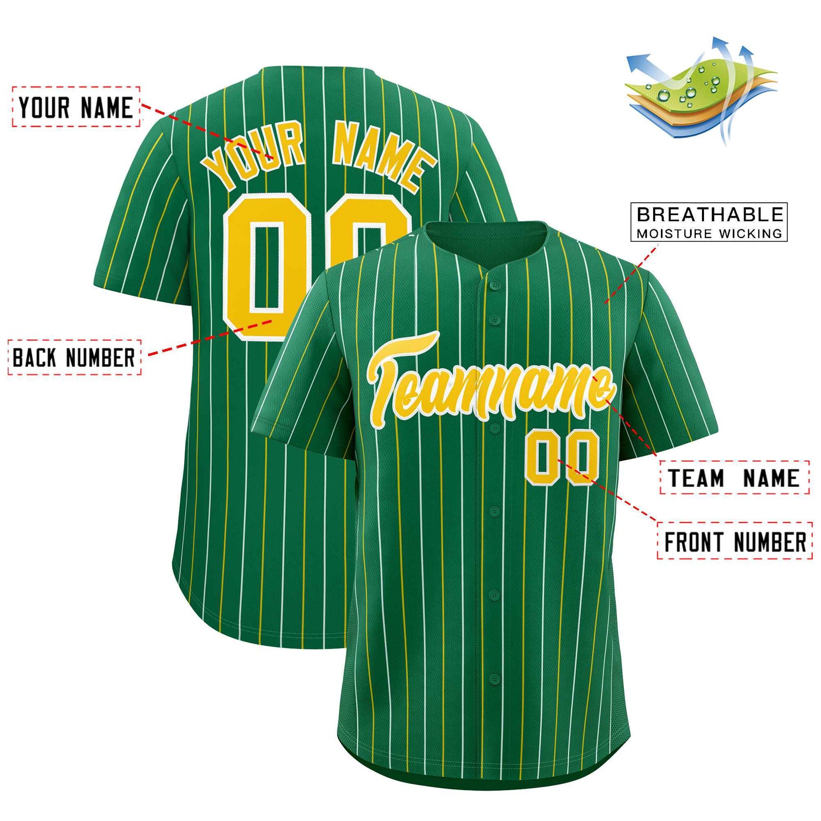 Custom Kelly Green Gold and White Bi-Color Stripes Fashion Authentic Baseball Jersey