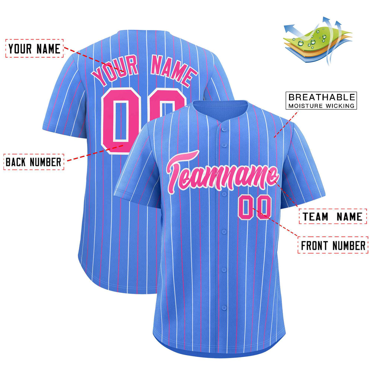 Custom Powder Blue Pink and White Bi-Color Stripes Fashion Authentic Baseball Jersey