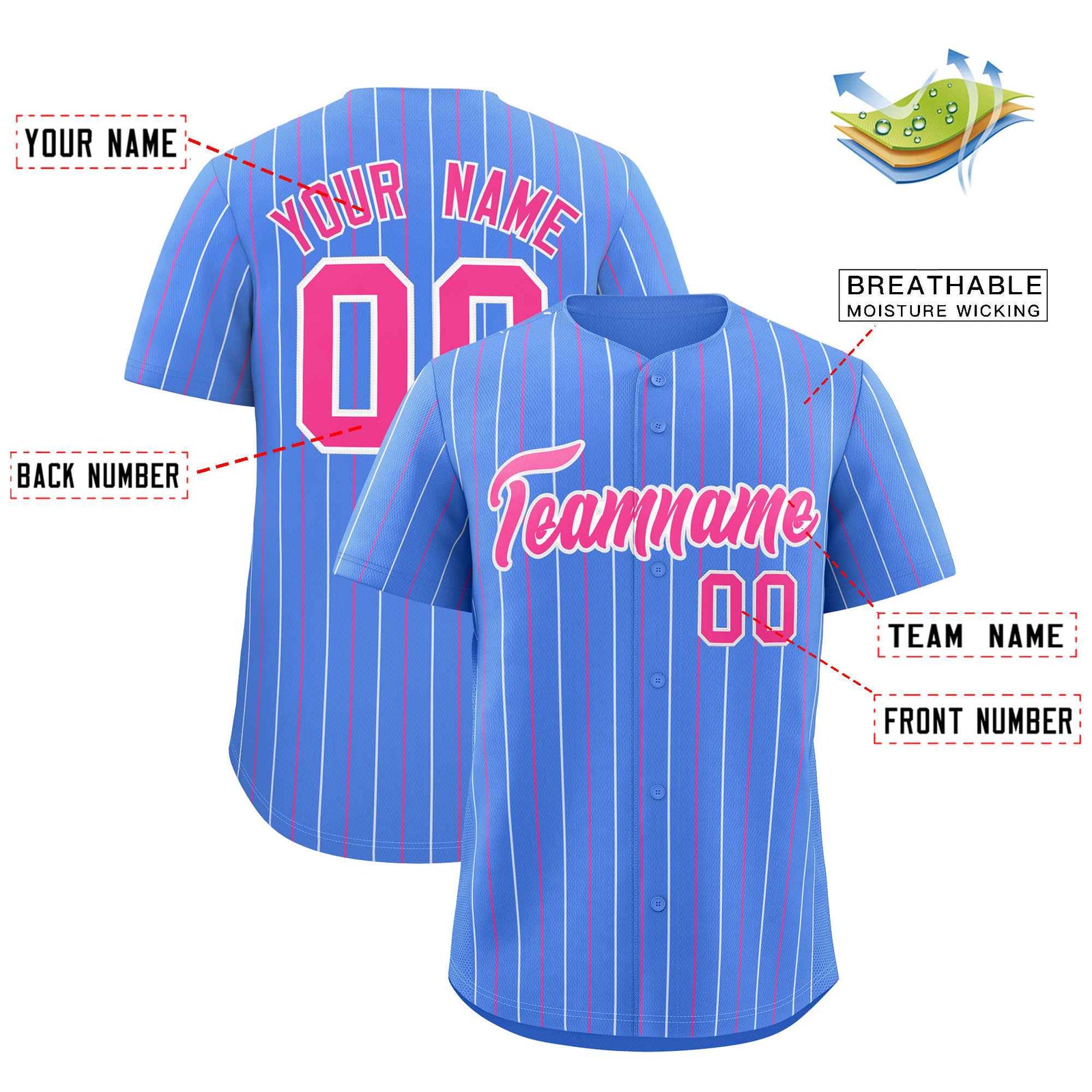 Custom Powder Blue Pink and White Bi-Color Stripes Fashion Authentic Baseball Jersey