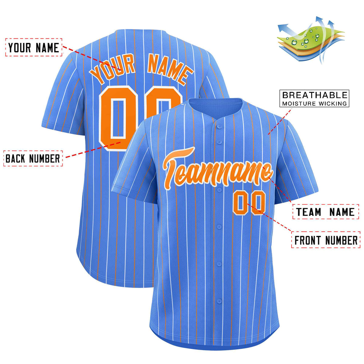 Custom Powder Blue Orange and White Bi-Color Stripes Fashion Authentic Baseball Jersey